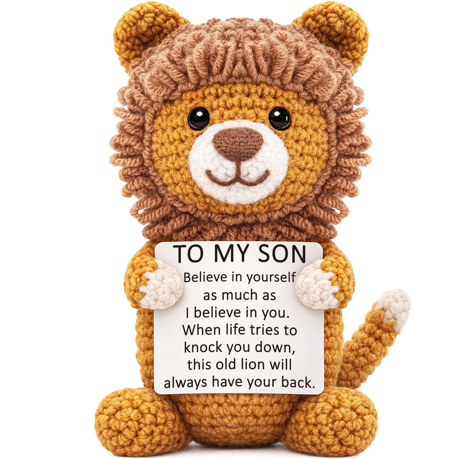 Son Gifts from Mom, Graduation Birthday Crochet for Teen Boy College Military Adult, Lion Encouragement Present to My Son from Mother Dad Father, Inspirational Keepsake Gift Desk Decorations
