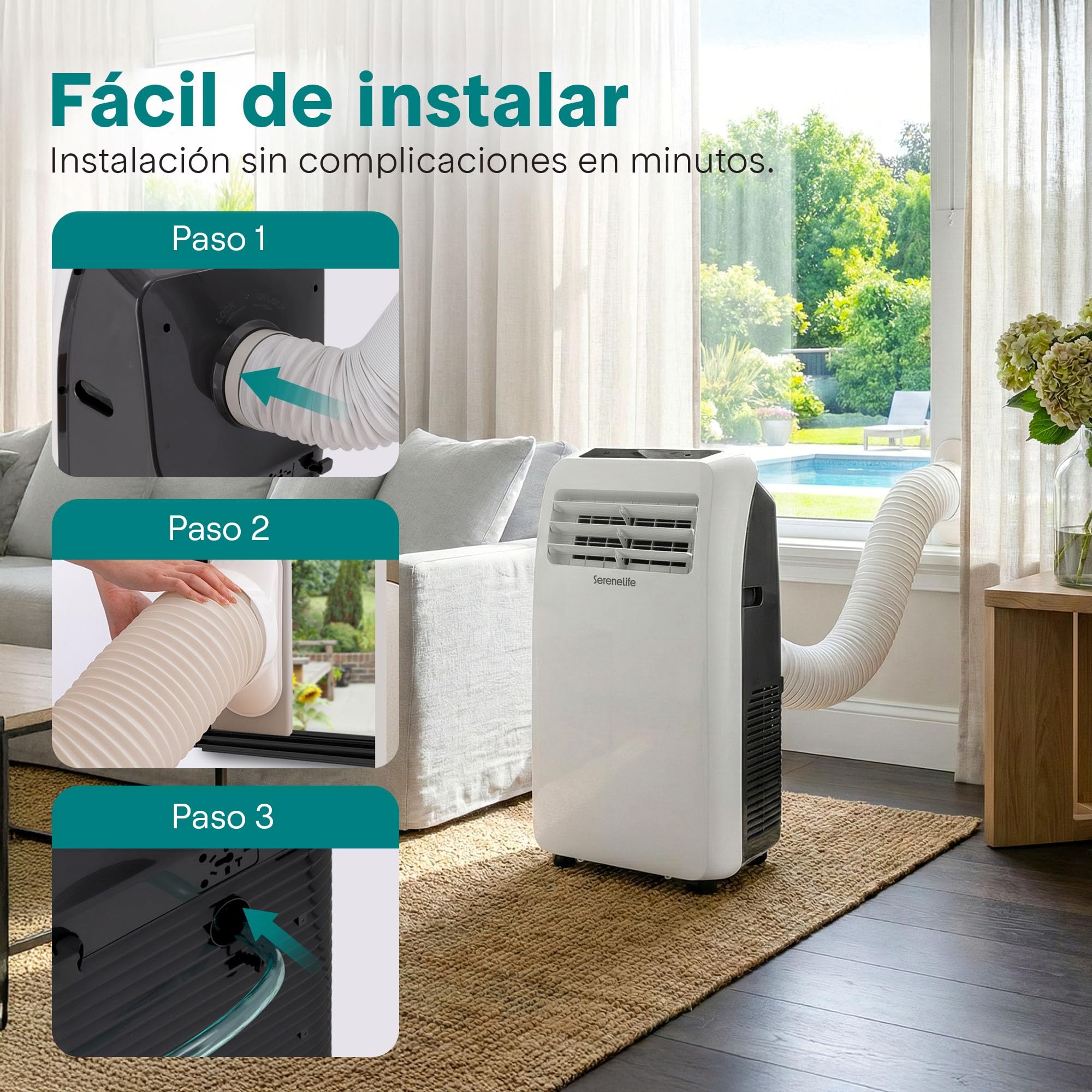 SereneLife Aire Acondicionado Portátil, 12.000 BTU, Móvil, Silencioso, Deshumidificador, Ventilador, Kit Escape Ventana, Mando a Distancia, Ideal para Casa y Oficina
