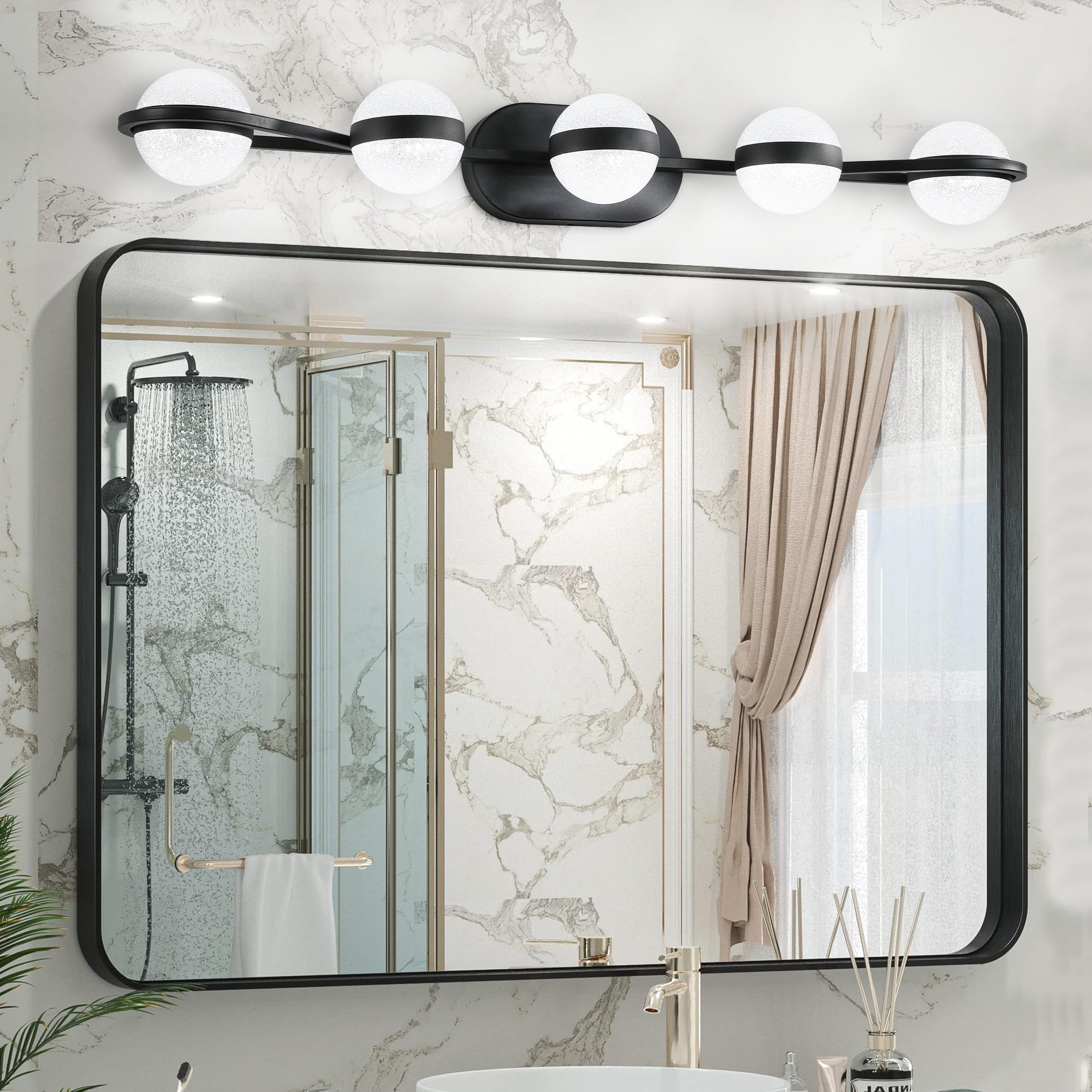 VDOQTLJT Modern Bathroom Vanity Light LED 5 Bulb Frosted Glass Wall Mounted Decorative Lighting Fixture Black