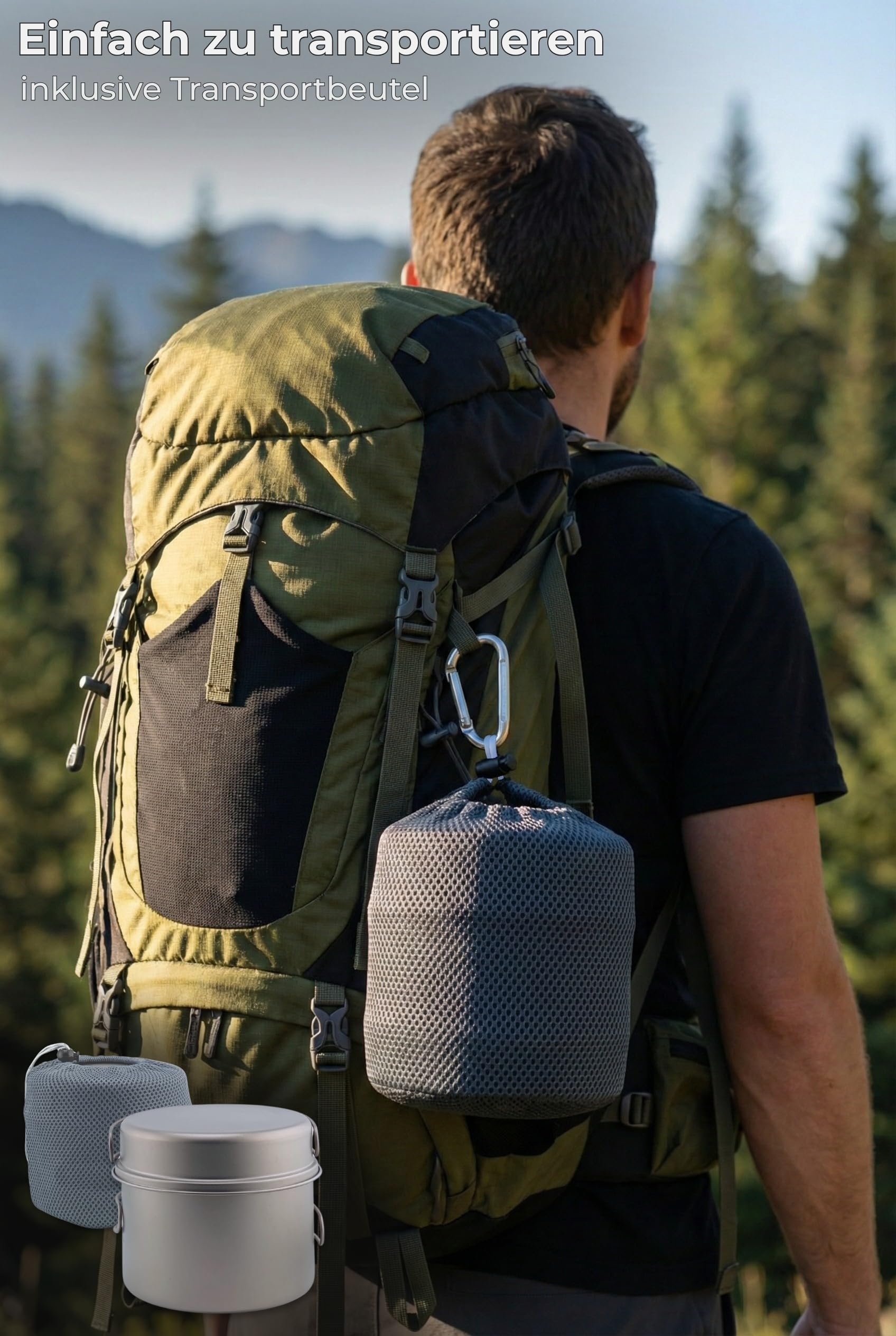 Titan - Juego de cacerolas y cacerolas (1300 ml y 500 ml, ultraligero (240 g), robusto y resistente al calor, compacto con asa y bolsa aislante, ideal para senderismo, camping, supervivencia y
