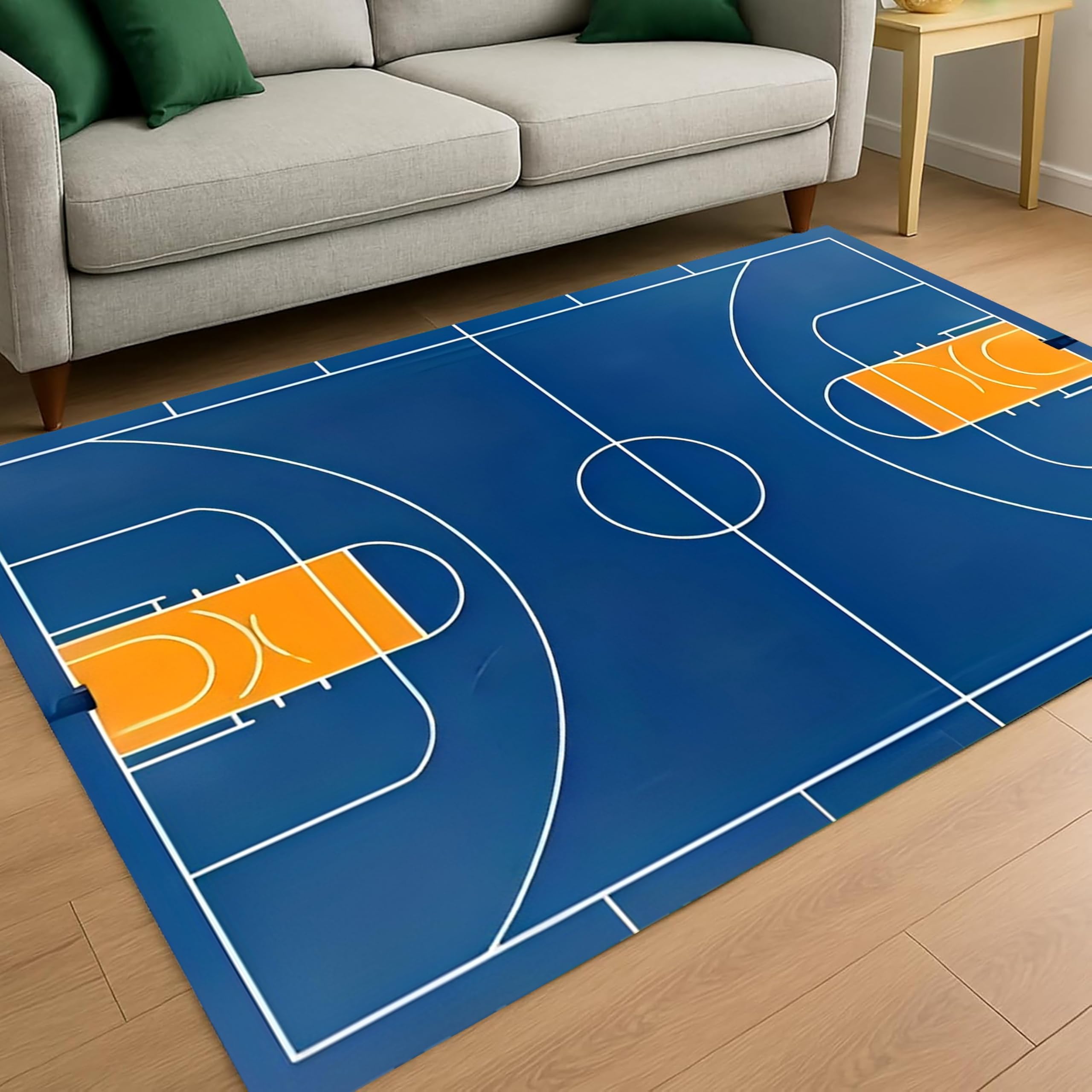 Ball Area Rug,140x200cm, 3D Printed Basketball Court Pattern Washable Carpet, Soft Non-Slip Playing Carpet for Boys Room, Kids Sports Game Mat Blue Rugs for Living Room Bedroom Classroom Entry