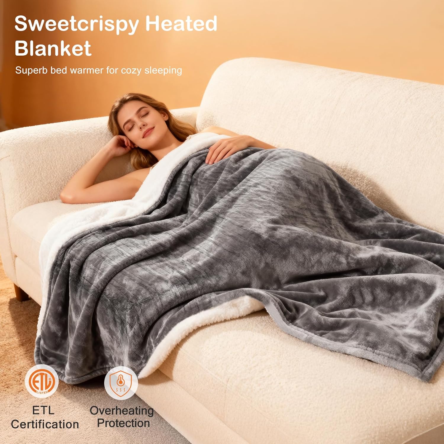Sweetcrispy Heated Blanket Throw, 50''x60'' Heating Electric Blanket with 10 Heat Levels and Auto-Off, Washable Dual-Sided Flannel & Sherpa Fabric Electric Throw Blanket Warmer for Office Home Use