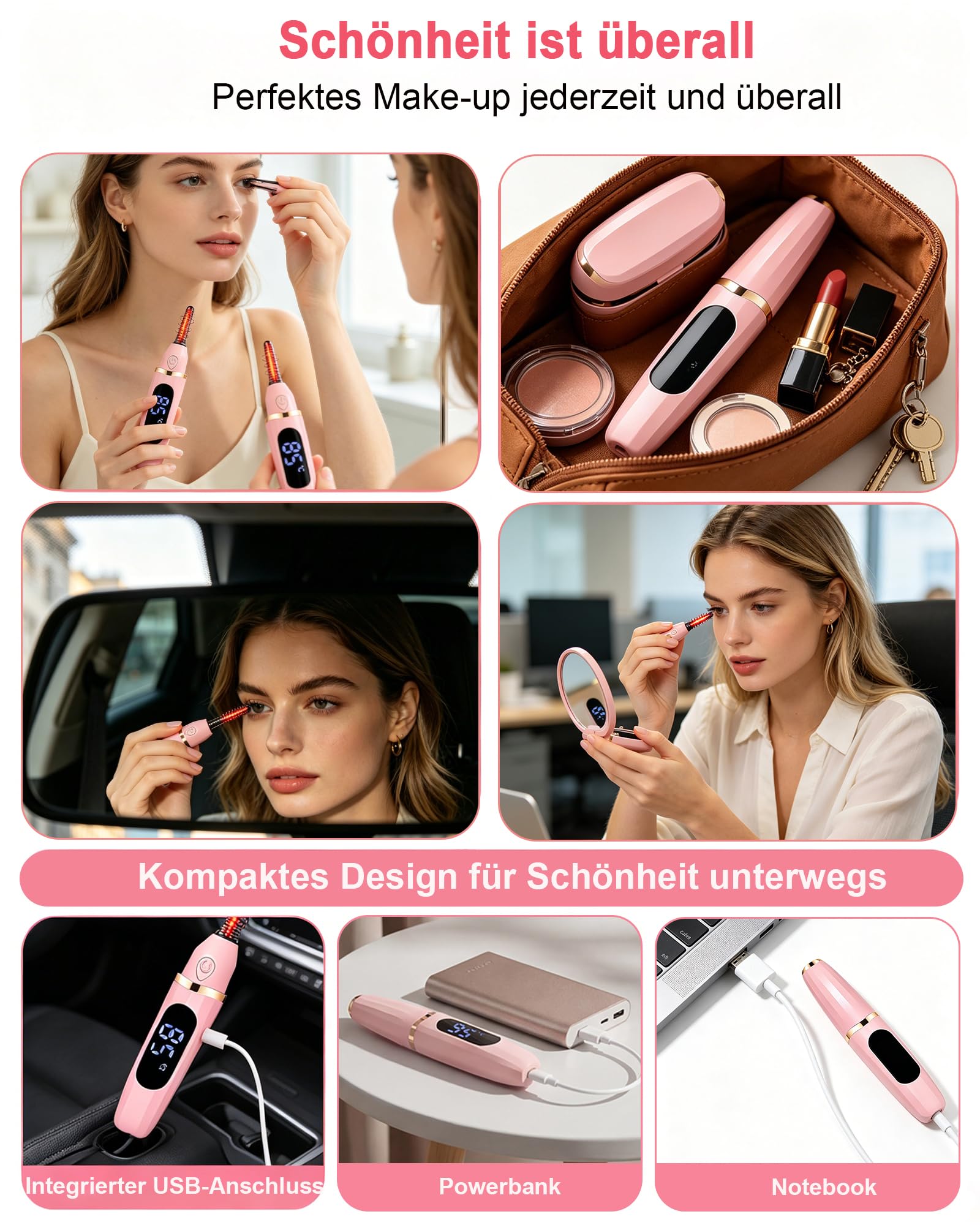 Wimpernzange Beheizbar, Beheizbare Wimpernzange USB Wiederaufladbar, Wimpern Curler Elektrisch 3 Einstellbare Temperaturstufen Schnellaufheizung in 10 Sekunden für Alle Wimpern Geeignet -Rosa
