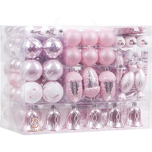 Sea Team 155-Pack Assorted Shatterproof Christmas Ball Ornaments Set Decorative Baubles Pendants with Reusable Hand-held Gift Package for Xmas Tree (Pink)