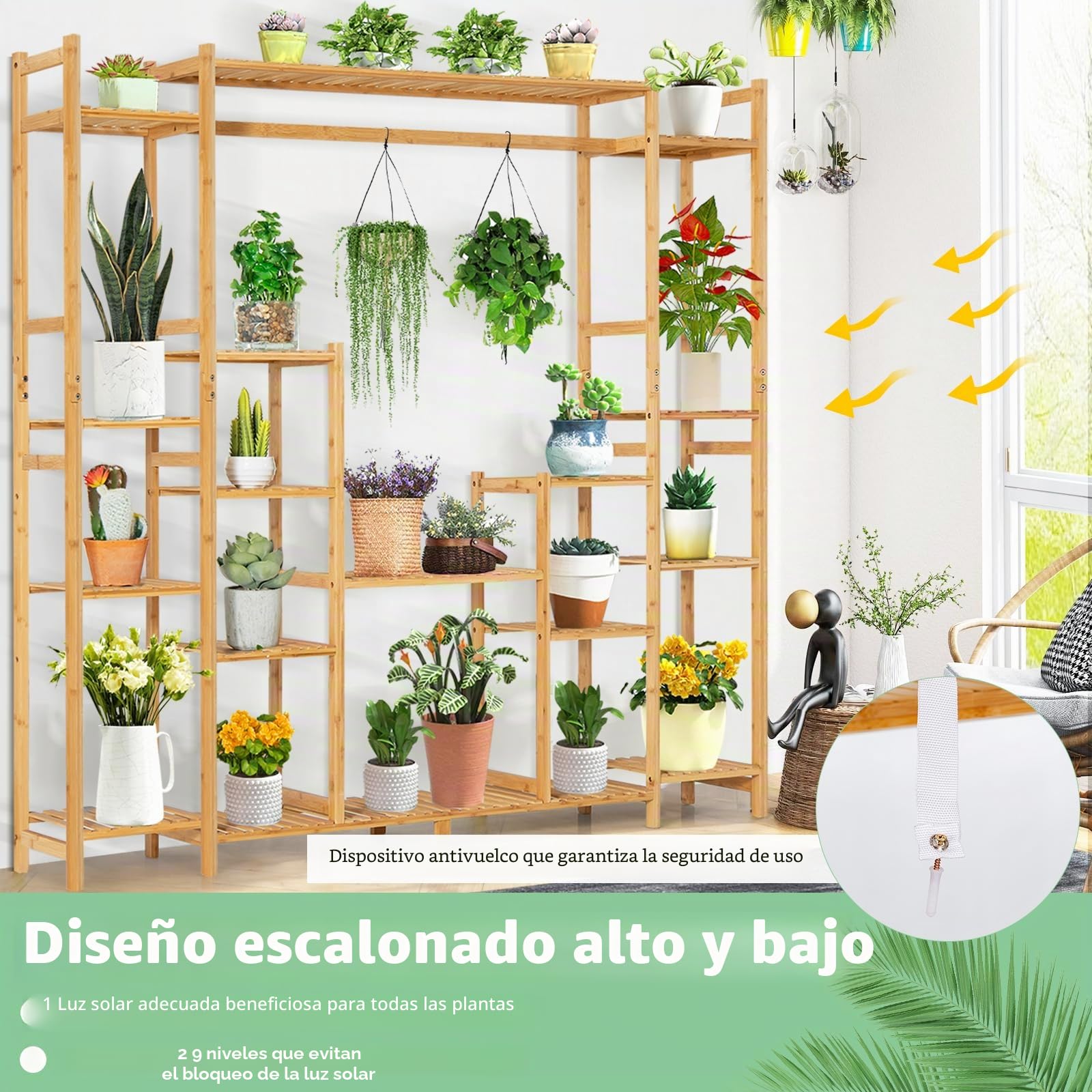 HOMASIS Estantería para flores con 18 estantes y barra colgante, estantería para plantas de bambú, soporte para plantas, soporte para plantas, para salón, 167 x 30 x 166 cm