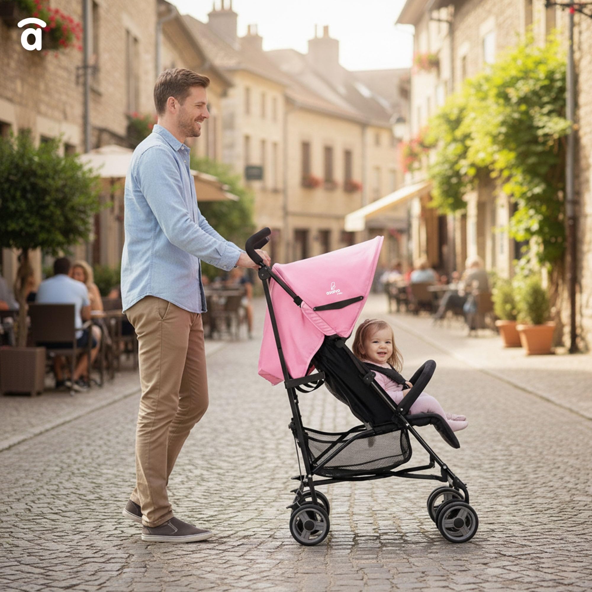Asalvo TROTTER PLUS Silla de Paseo, Carrito bebé, Carro para bebés, Reclinable, Confortable, Ultraligera, Capota con Ventana y Freno Trasero, Manejable, Plegado compacto, Carga Máxima 25 kg, Rosa