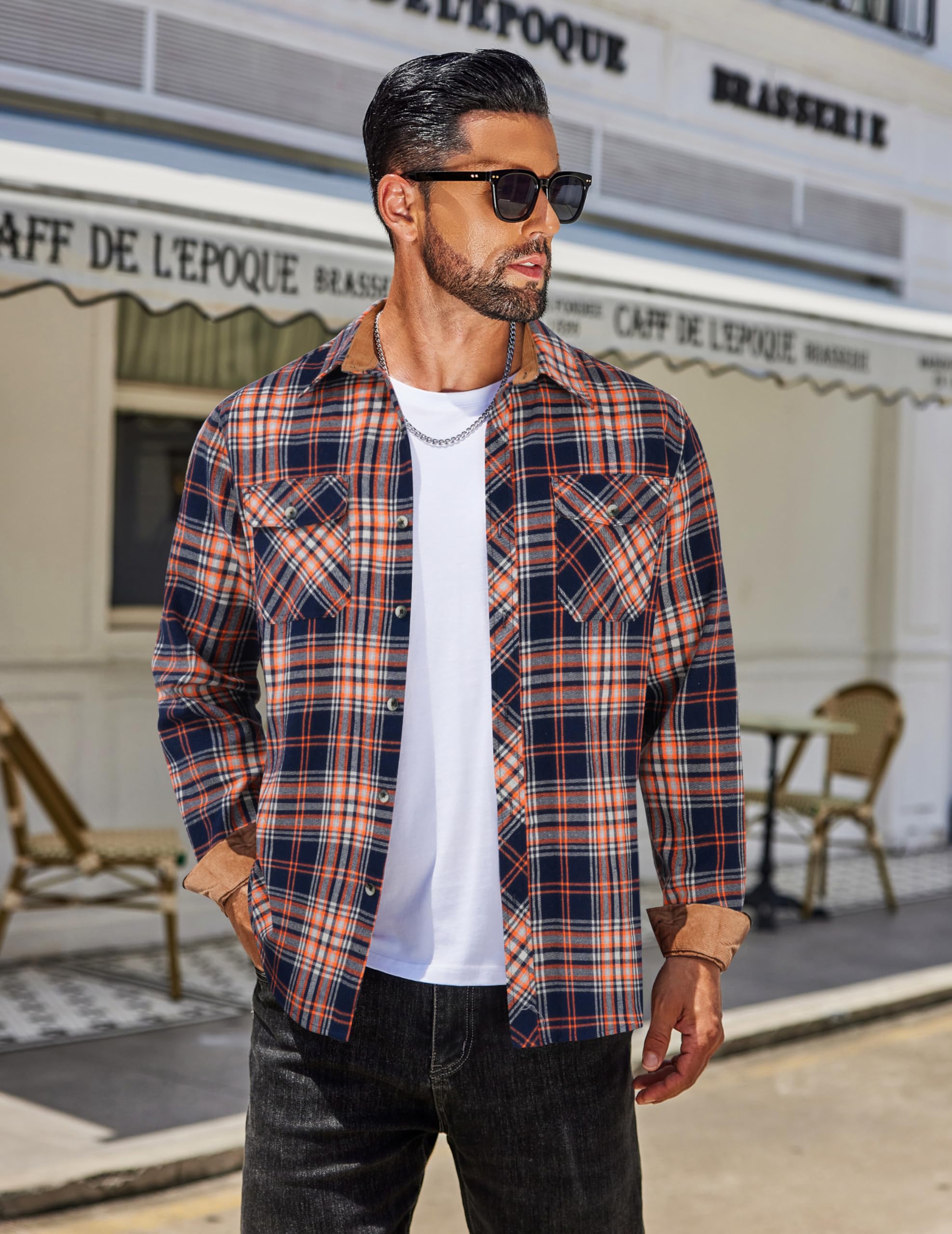 COOFANDY Camicia da uomo autunnale a quadri con bottoni a maniche lunghe casual da lavoro da cowboy camicie in flanella leggera con due tasche