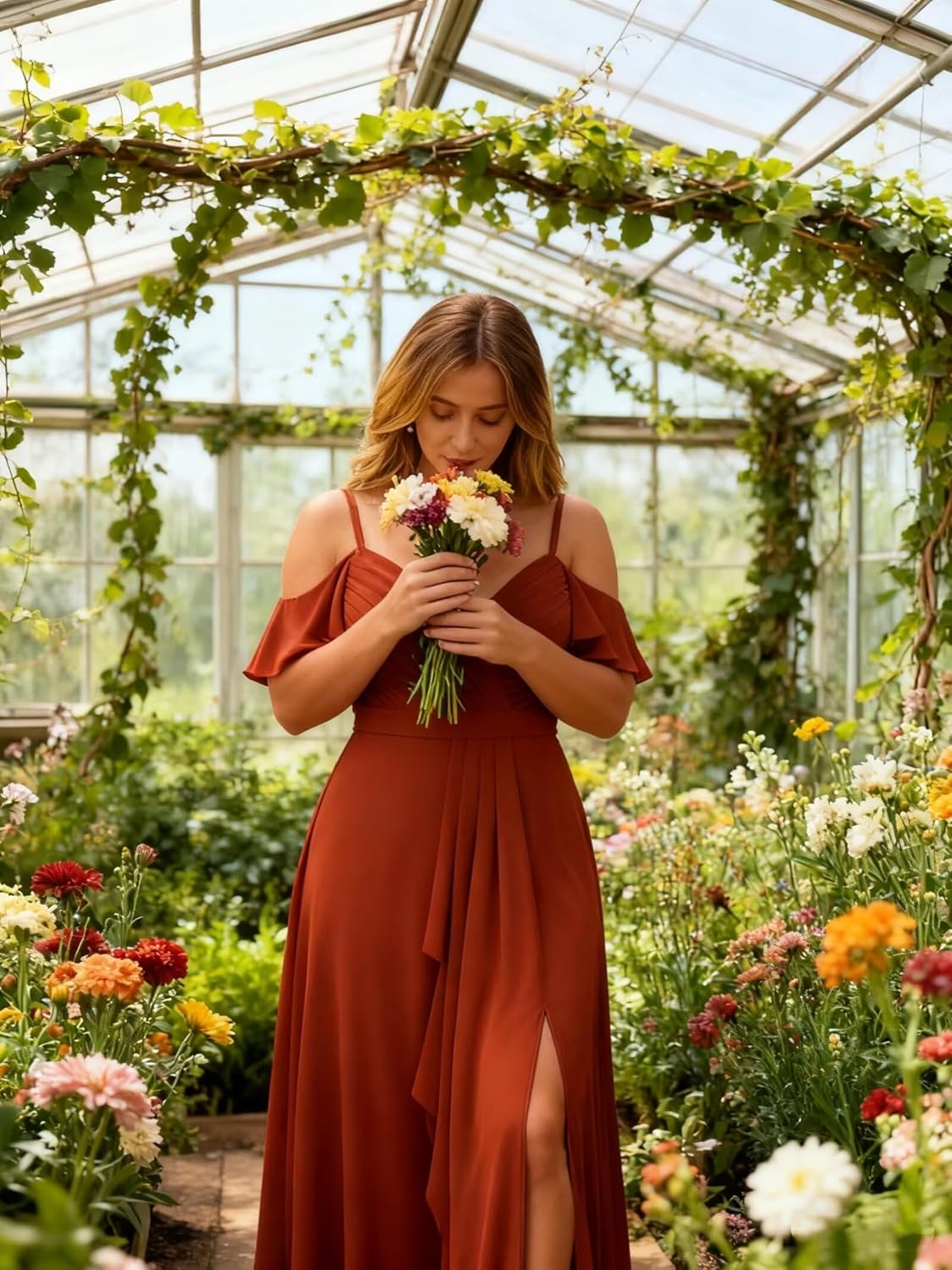 Rjer Off The Shoulder Chiffon Bridesmaid Dress with Slit A Line Pleated Formal Evening Dress Long for Women - Image 7