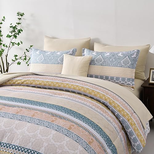 Miniatura 4 de Juego de edredón amarillo tamaño matrimonial, juego de edredón bohemio a rayas y juego de sábanas de microfibra suave para todas las estaciones