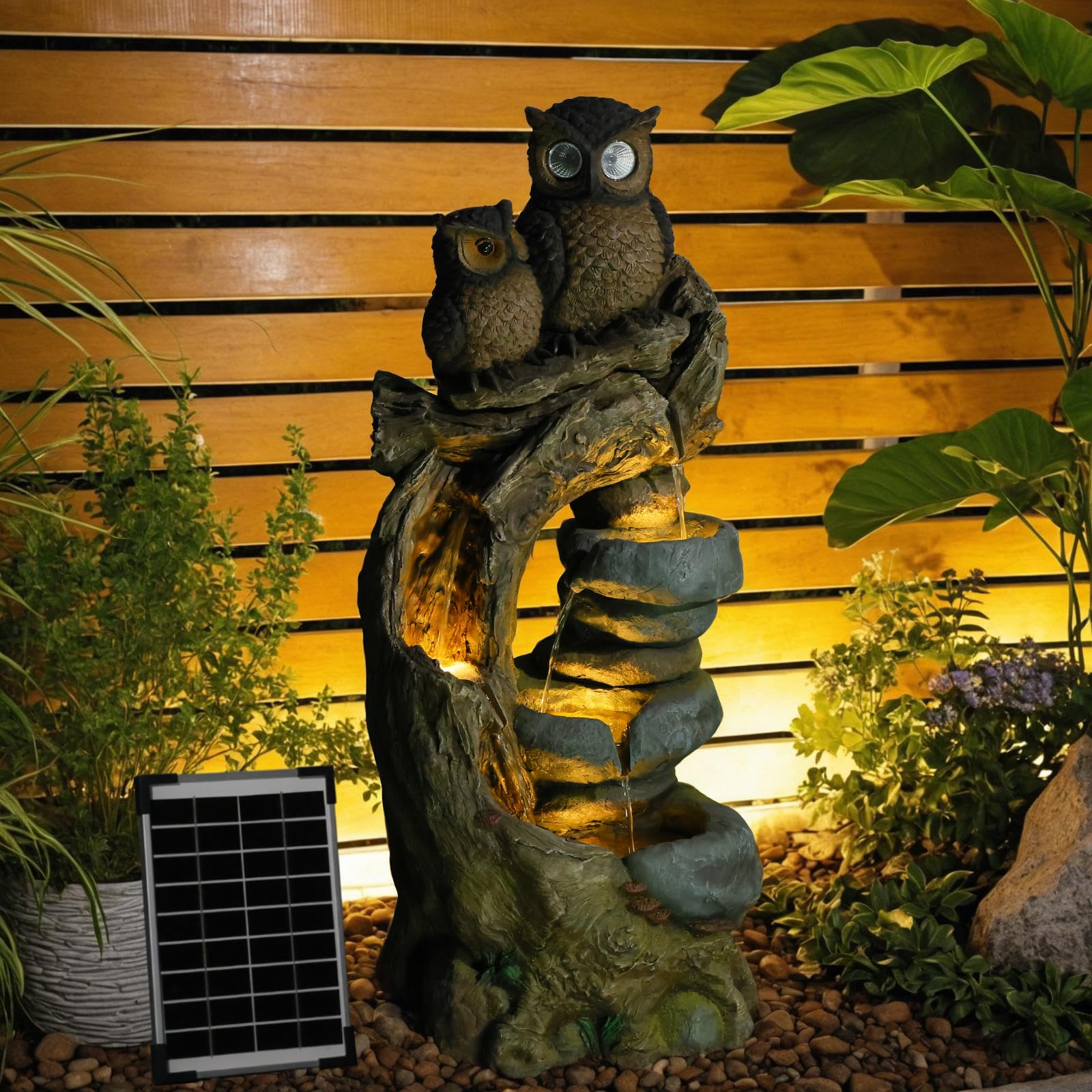Solar Springbrunnen Außen Eulen, 4 - Stufen Gartenbrunnen Kaskade Zimmerbrunnen mit LED - Beleuchtung, Gartenbrunnen für Balkon, Terrasse, Drinnen & Draußen, Gartendekoration, 87 cm