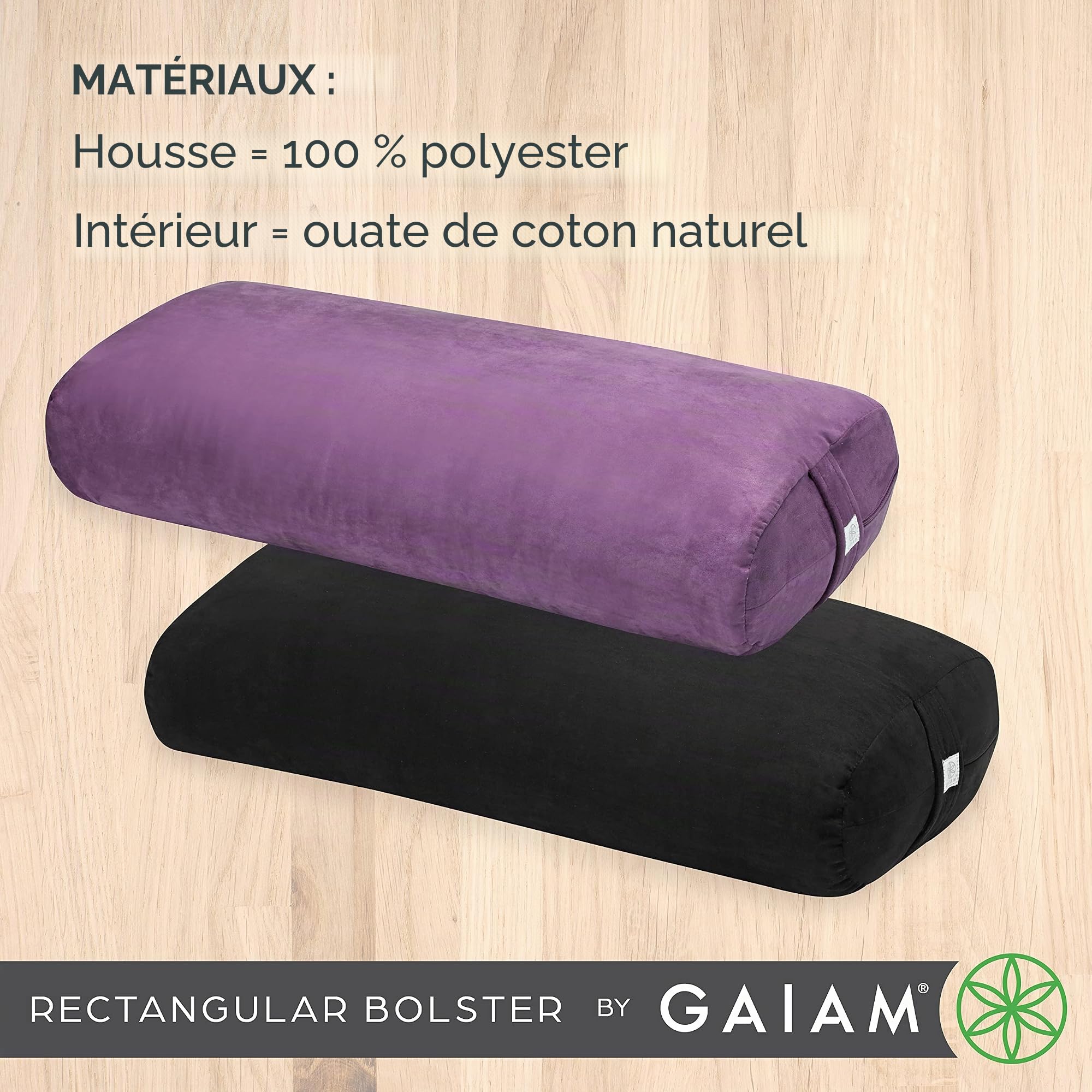 Gaiam Traversin de Yoga – Long Coussin de méditation rectangulaire – Coussin de Soutien pour Yoga réparateur et Assise sur Le Sol – poignée de Transport intégrée – Housse Lavable en Machine