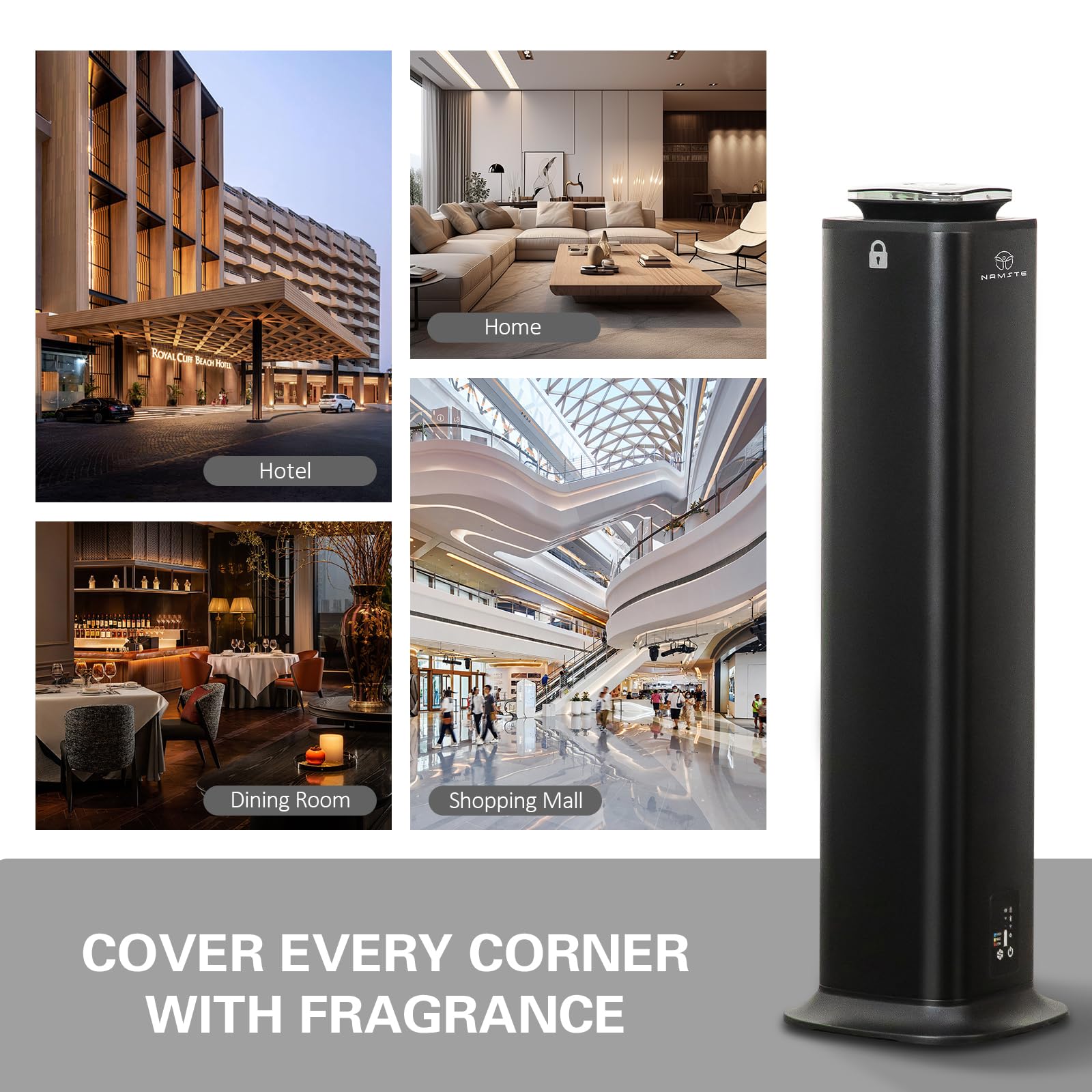 Nmaste Diffuseur d'huiles essentielles sans eau Grande tour Machine de parfum HVAC Smart Luxury Hotel Diffuseurs App & Touch Control Air froid, couverture de 800 ml, 4000 m² pour maison à deux étages