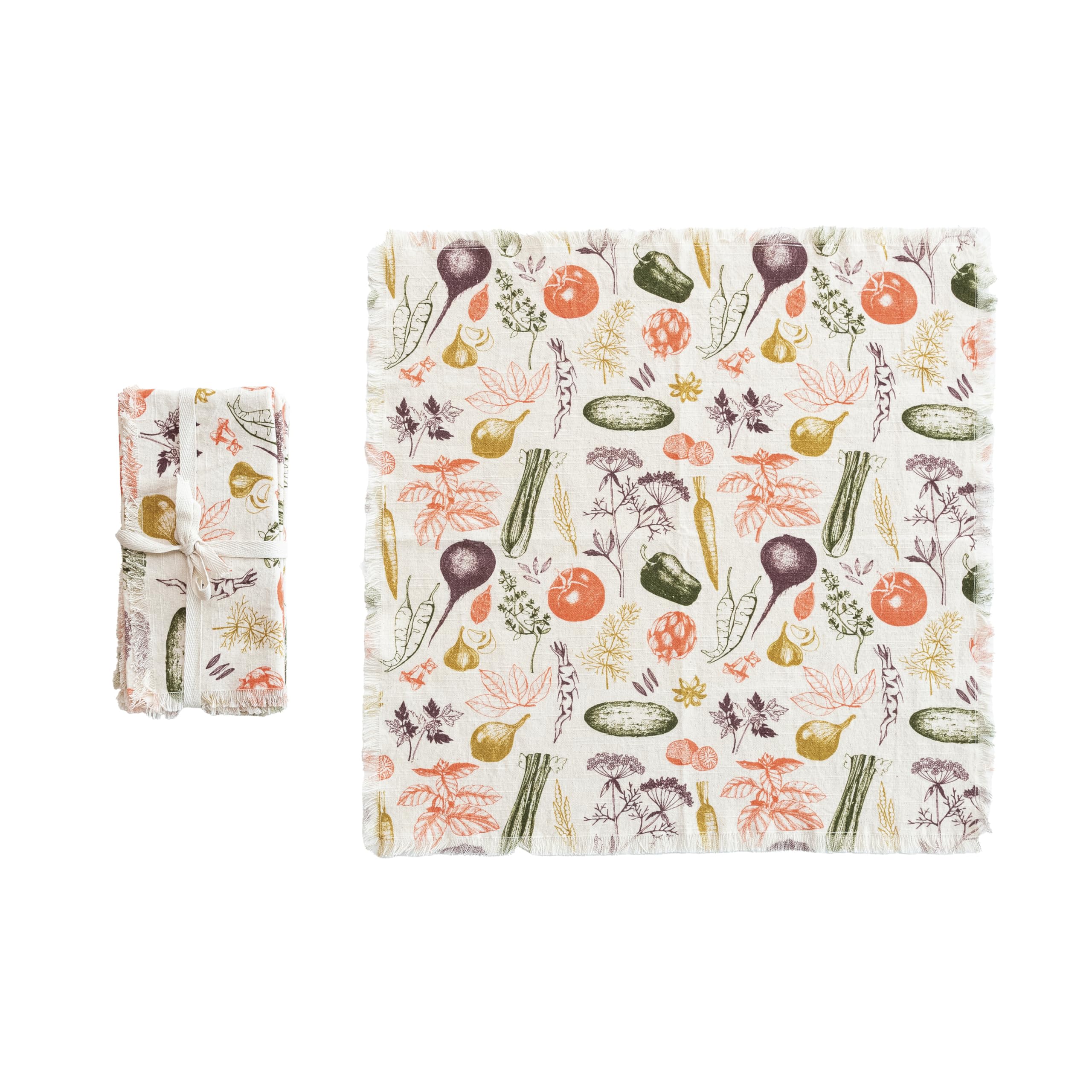Creative Co-Op Vegetable Print Cotton Slub Napkins with Fringe, Multicolor, Set of 4