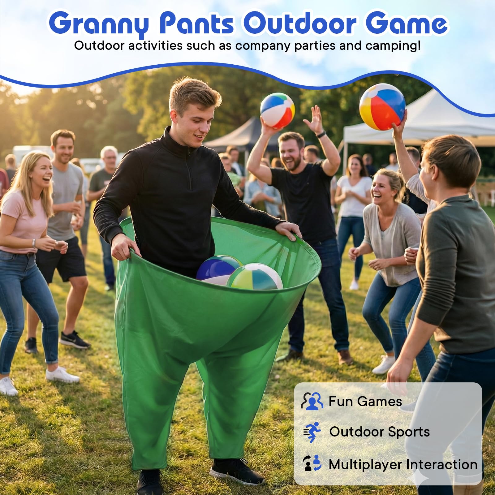 2-teiliges Oma-Hof-Spiel, Oma-Hose, Outdoor-Spiel mit 16 sechsfarbigen Hüpfbällen und 2 Luftpumpen, Team-Relais, Familientreffen, Party-Feldspiel-Sets