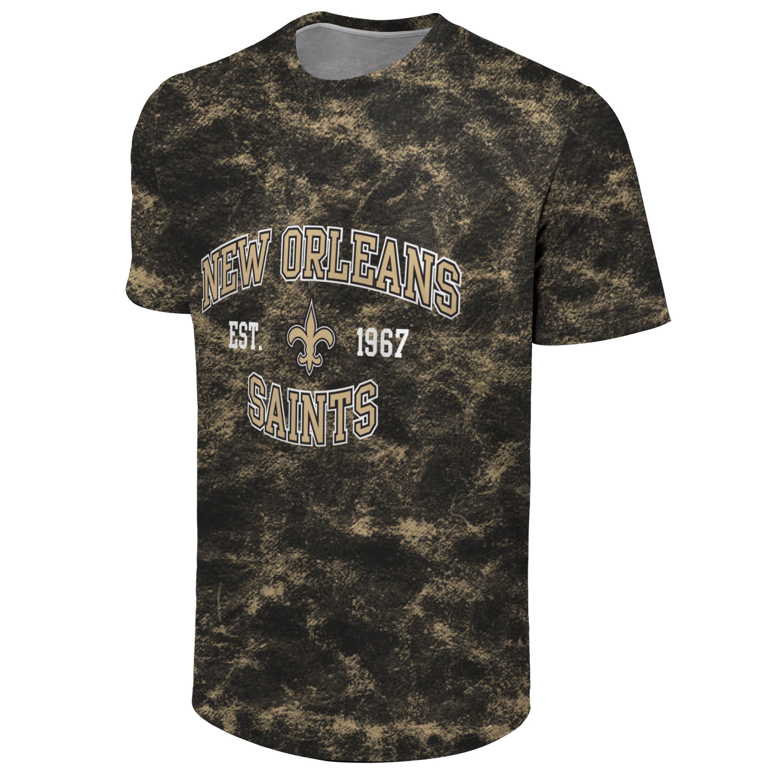 FOCO NFL Men's Officially Licensed Established Wordmark Camo Performance Throwback Team Color Crewneck T-Shirt, New Orleans Saints - Black, XL