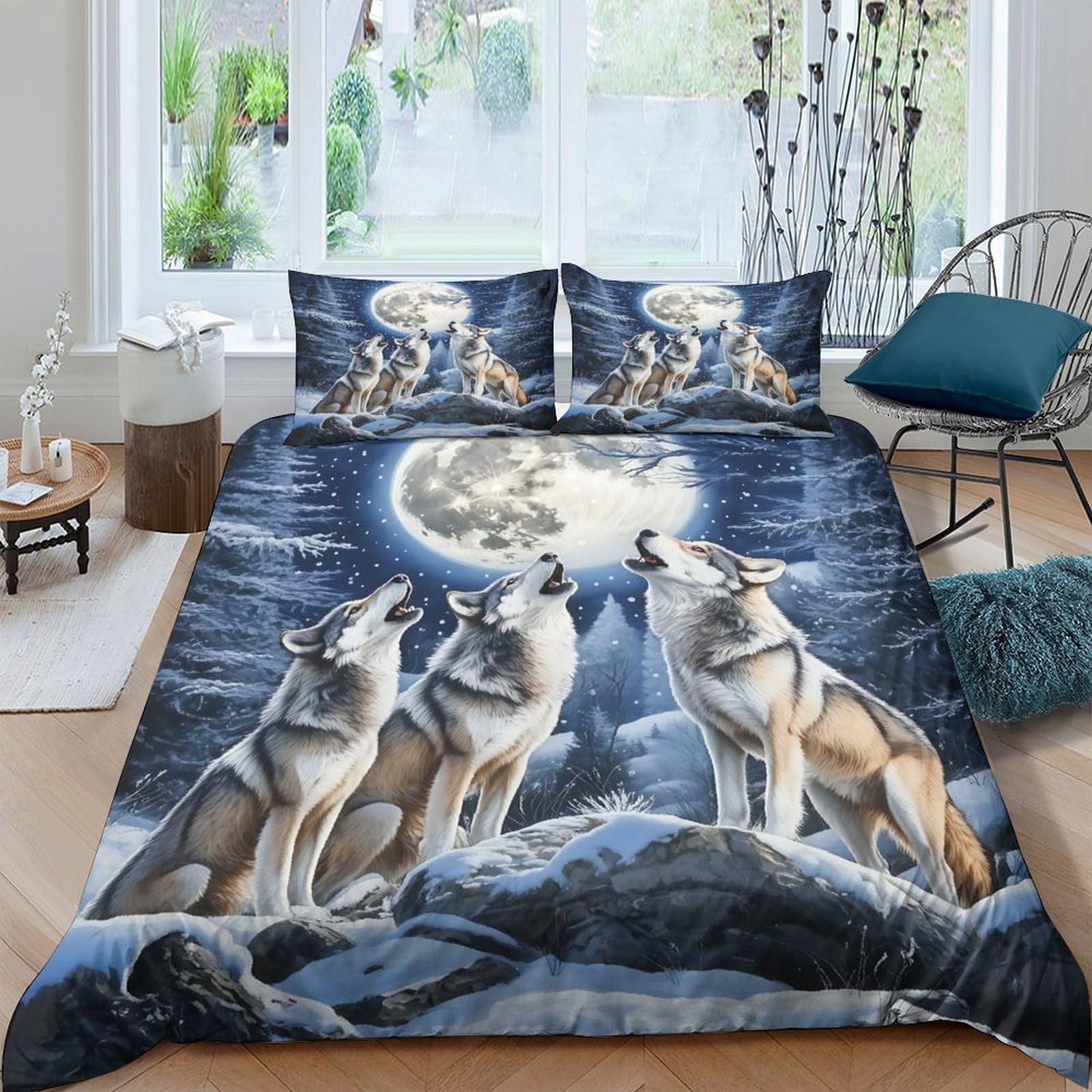 Ctjqhvkz Style-3 3D Printed Howling Wolf Moon Fitted Sheet Microfiber Soft Blue Forest Bed Cover For Bedroom Decor Mattress Protection Single（135X200cm）