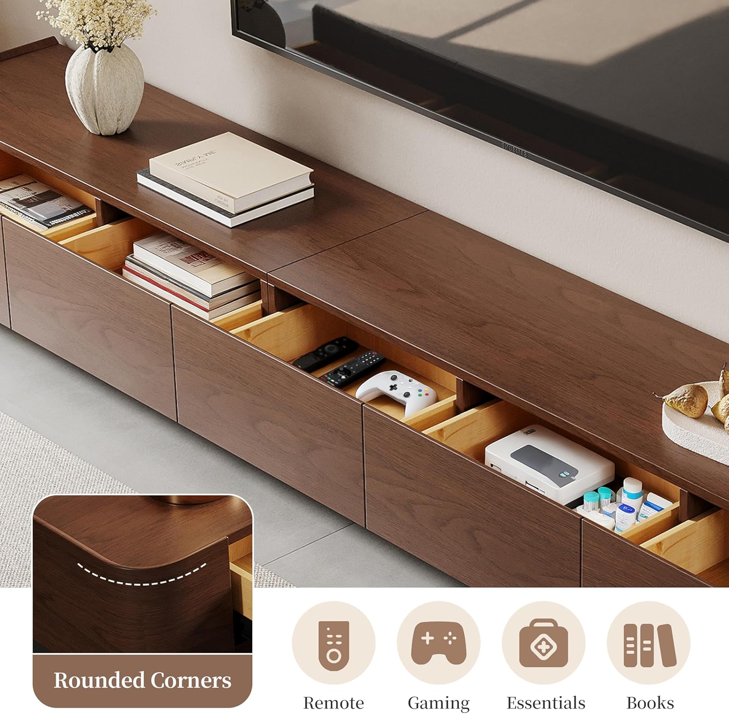 Modern Farmhouse TV Stand for Living Room, Brown Wood Entertainment Center with Storage Drawers, Fully Assembly TV Console for Media, 94.5" 94.5" Brown