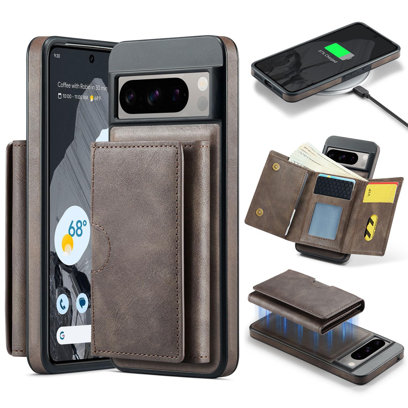 Asuwish Phone Case for Google Pixel 8 Pro 5G Wallet Magnetic Detachable Cell Cover with Wireless Charging and RFID Blocking Credit Card Holder Stand