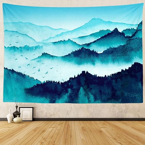 Miniatura 1 de chiinvent Tapiz azul de montaña brumosa para colgar en la pared acuarela árboles de bosque neblinoso arte de pared estético para sala de estar