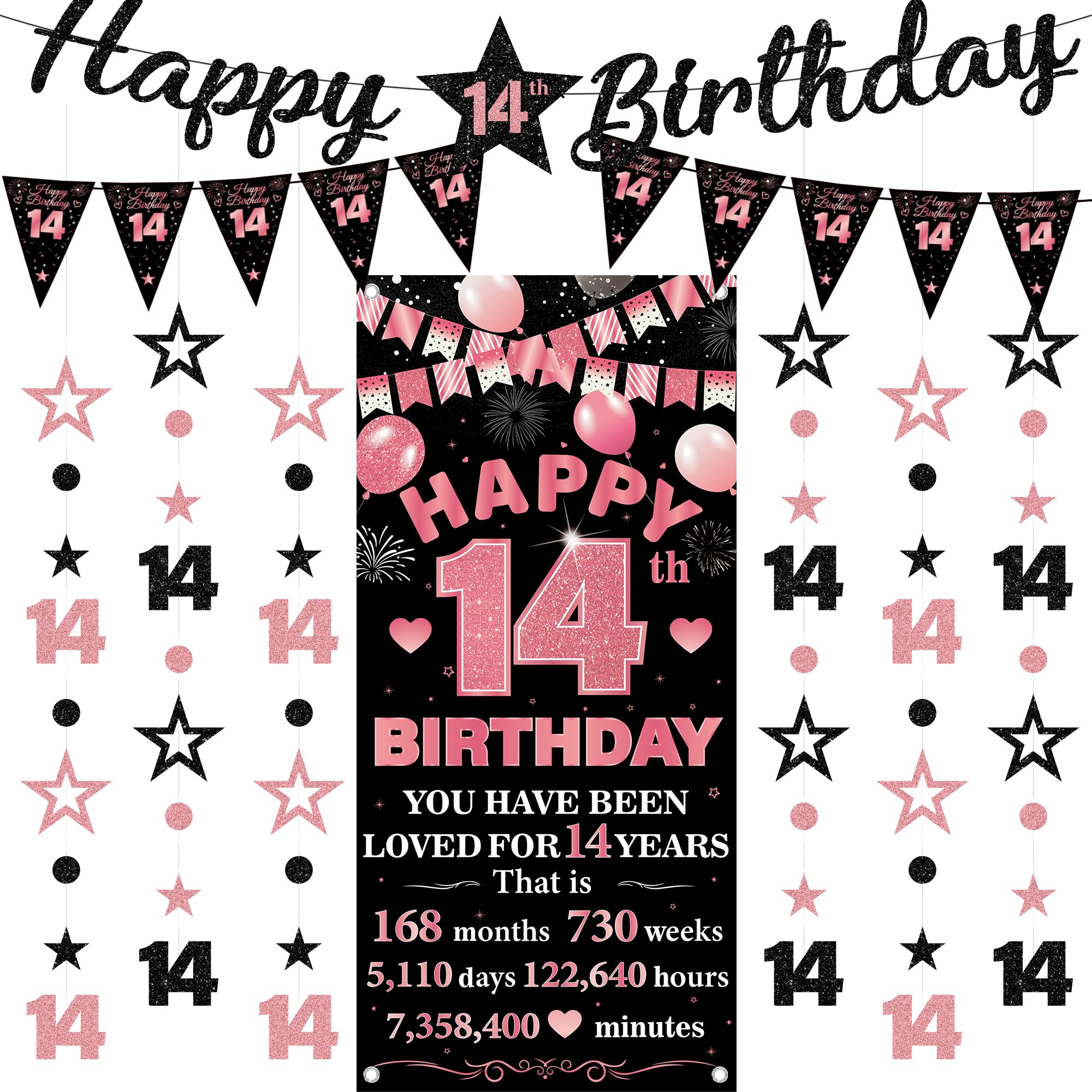 14th Birthday Decorations Banner Girls - 9 Pcs Black Rose Gold Bannes Backdrop Number Star Dot Glitter Hanging Garlands Kit for Girl Happy 14 Years Old Birthday Party Decor Supplies