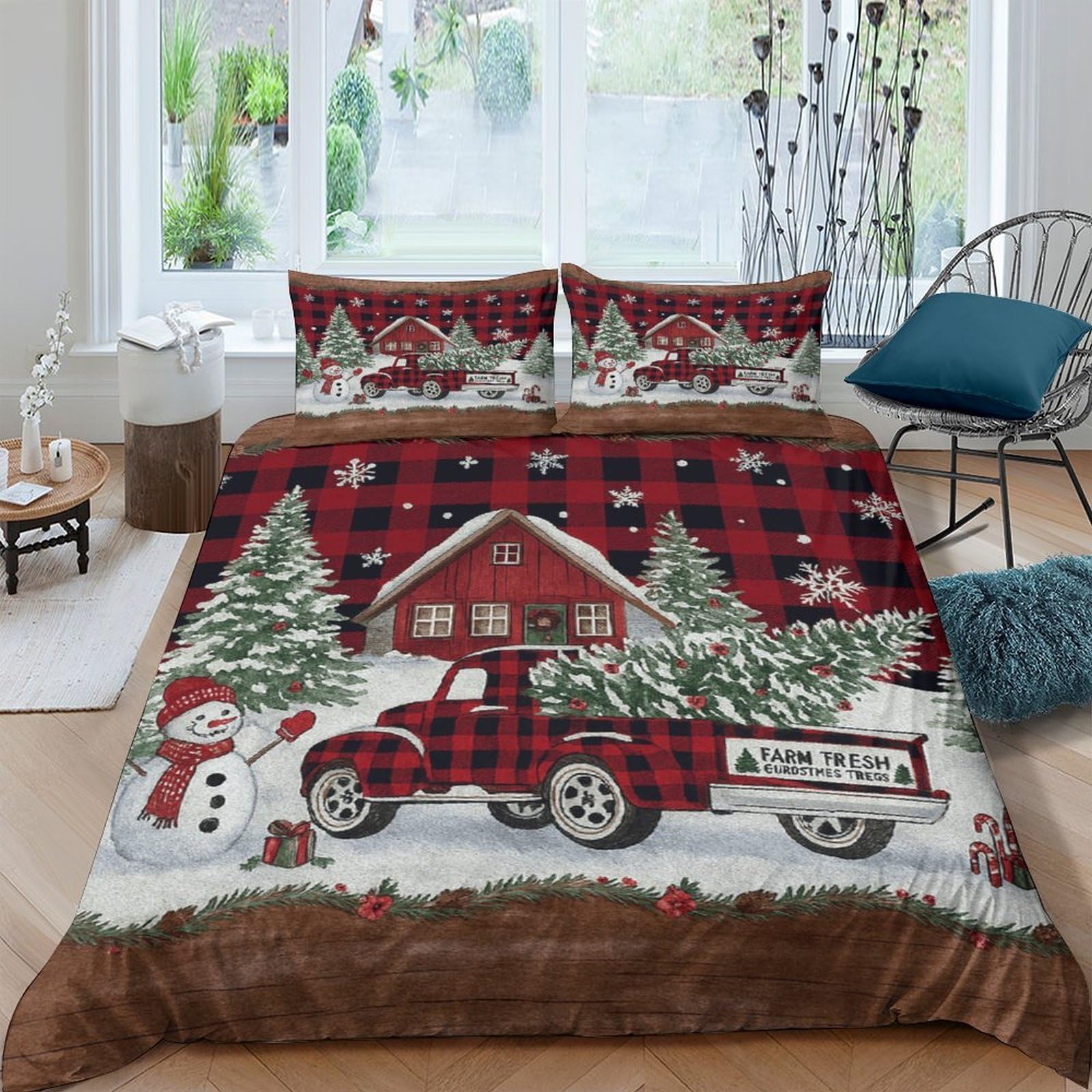 UNRXJZLVM Plaid Christmas Duvet Set Microfiber Red Cabin Teen Room