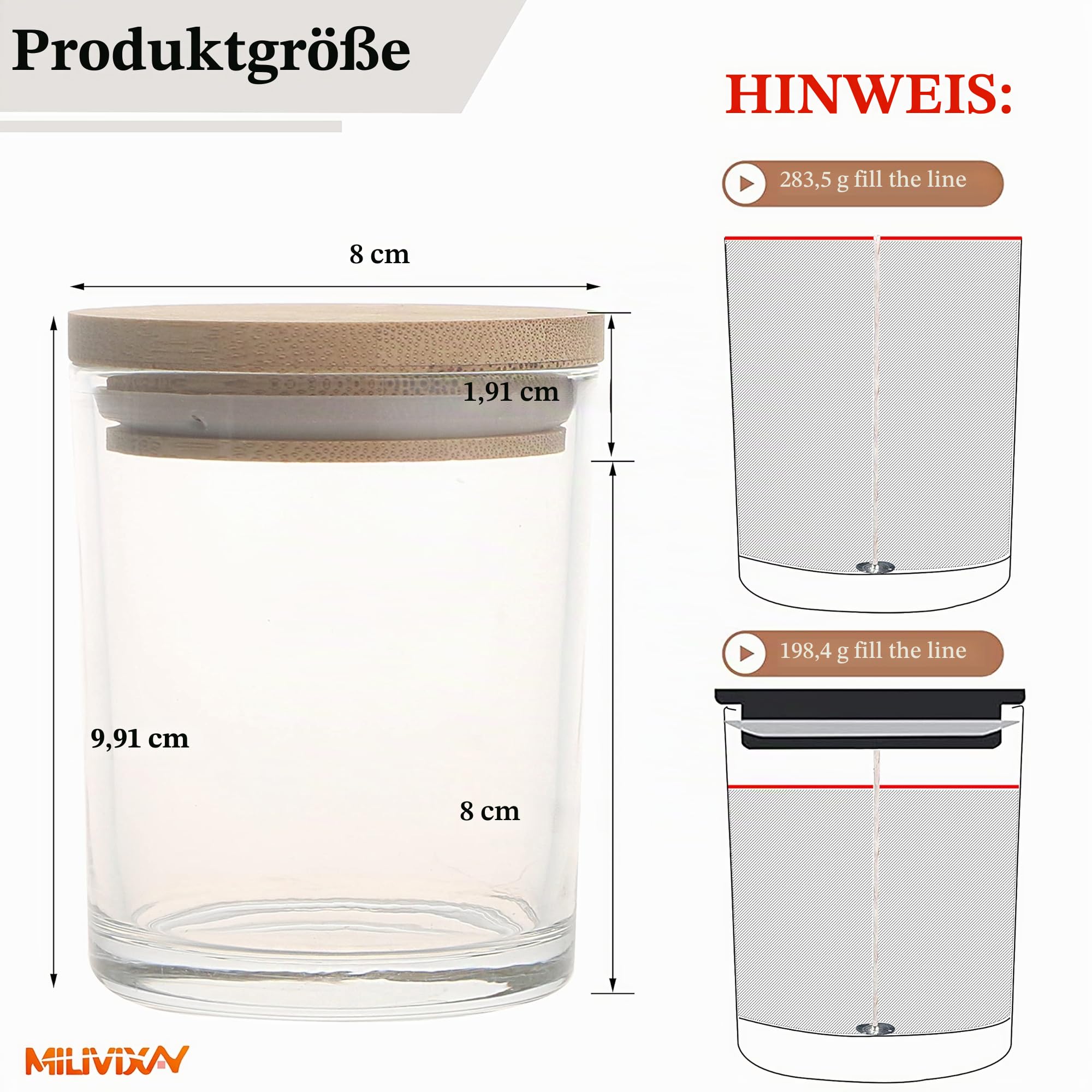 MILIVIXAY 12er-Pack 296 ml klare, dicke Glas-Kerzengläser mit Deckeln – Großpackung leere Kerzengläser für die Herstellung von Kerzen – Gewürz- und Pulverbehälter.