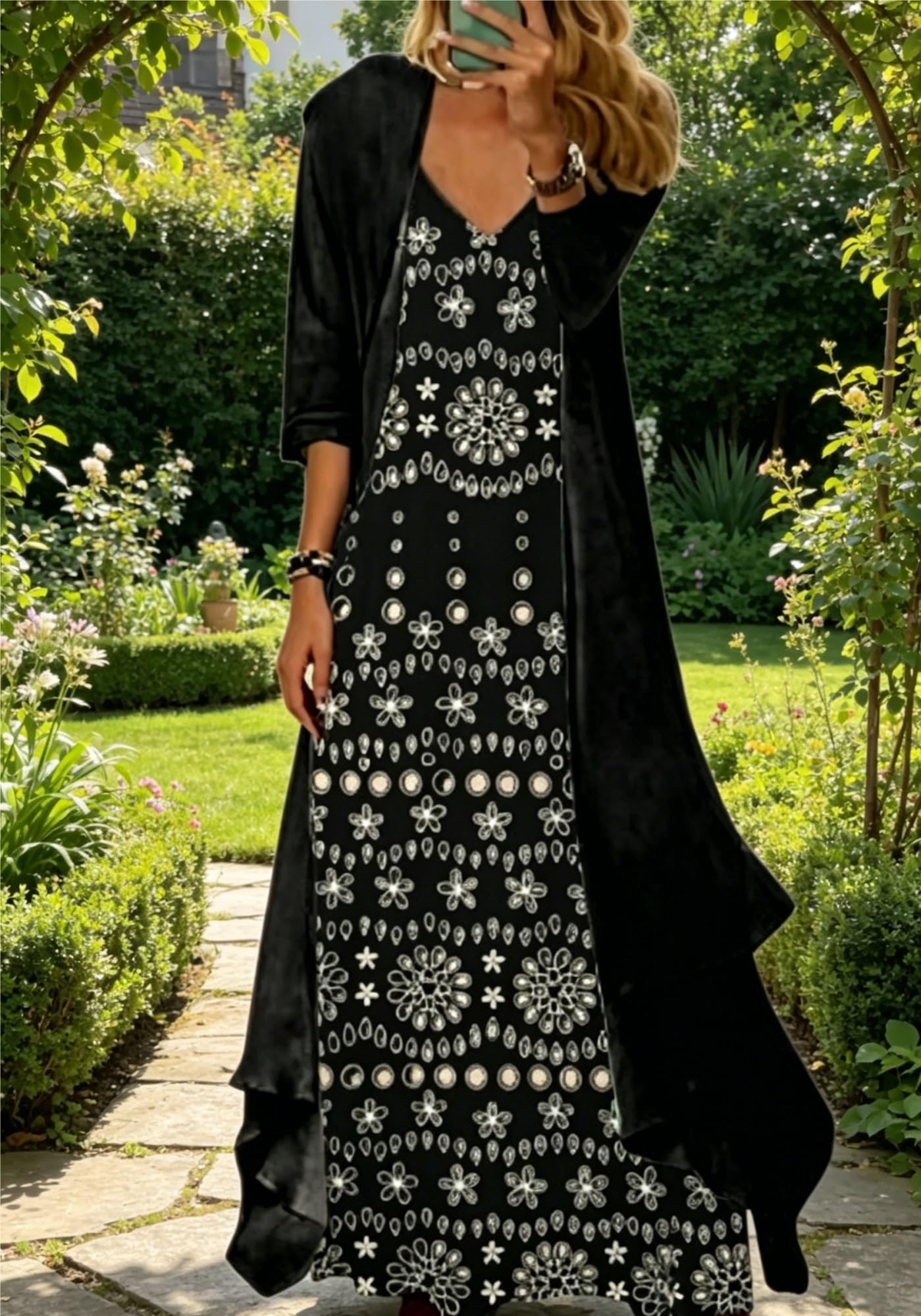 Vestido Mujer Dos Piezas Boho Floral Vestido Largo De Gasa con Cárdigan Talla Grande Elegante para Invitadas De Boda Y Uso Casual Q