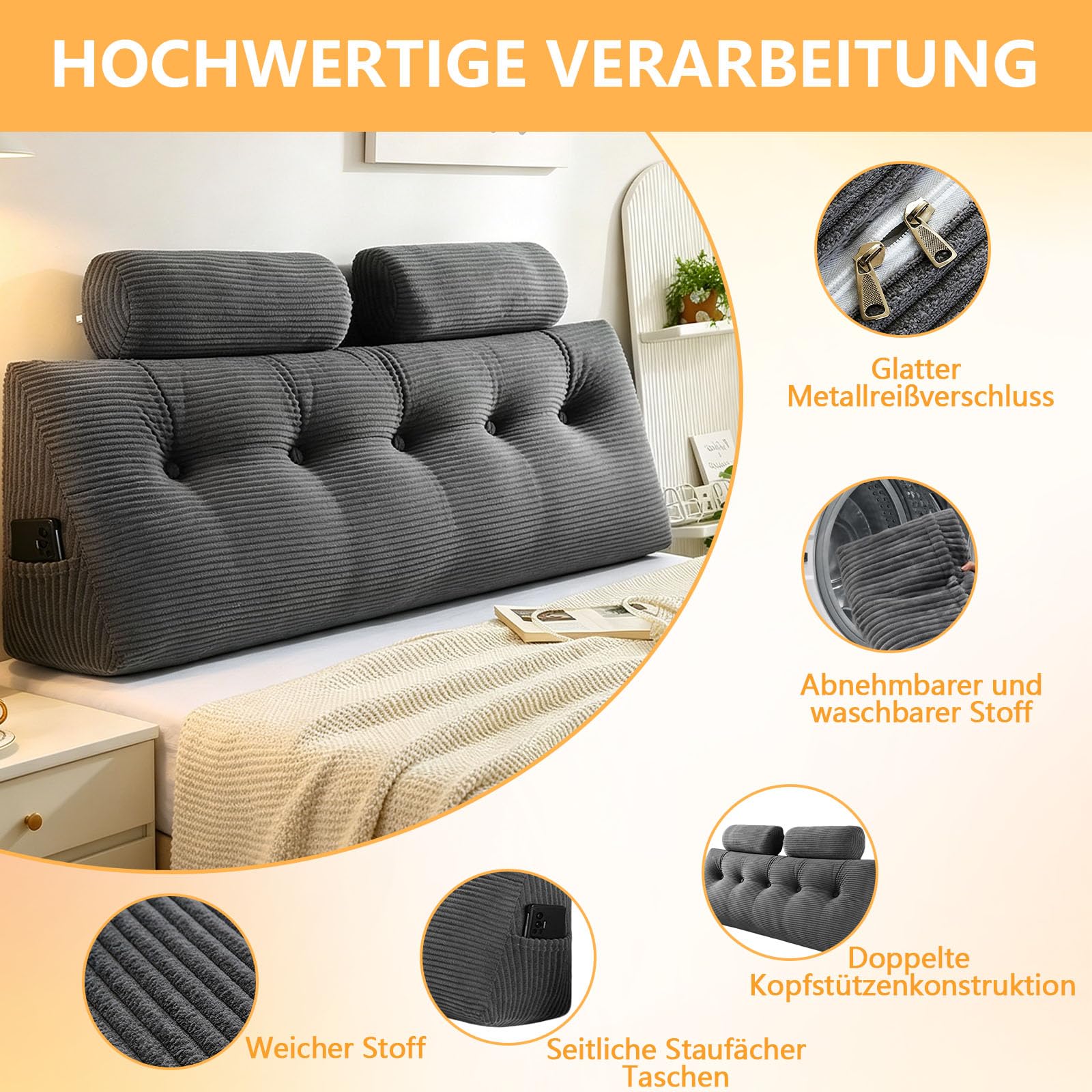 120 * 50 * 20cm Wandkissen, Groß Keilkissen mit 2 Rundes Kissen | Rückenkissen Für Bett Und Sofa mit Waschbarer Kissenbezug&praktischem Seitenfach, ErgonomischesSofa Kissen zum Lesen Arbeiten