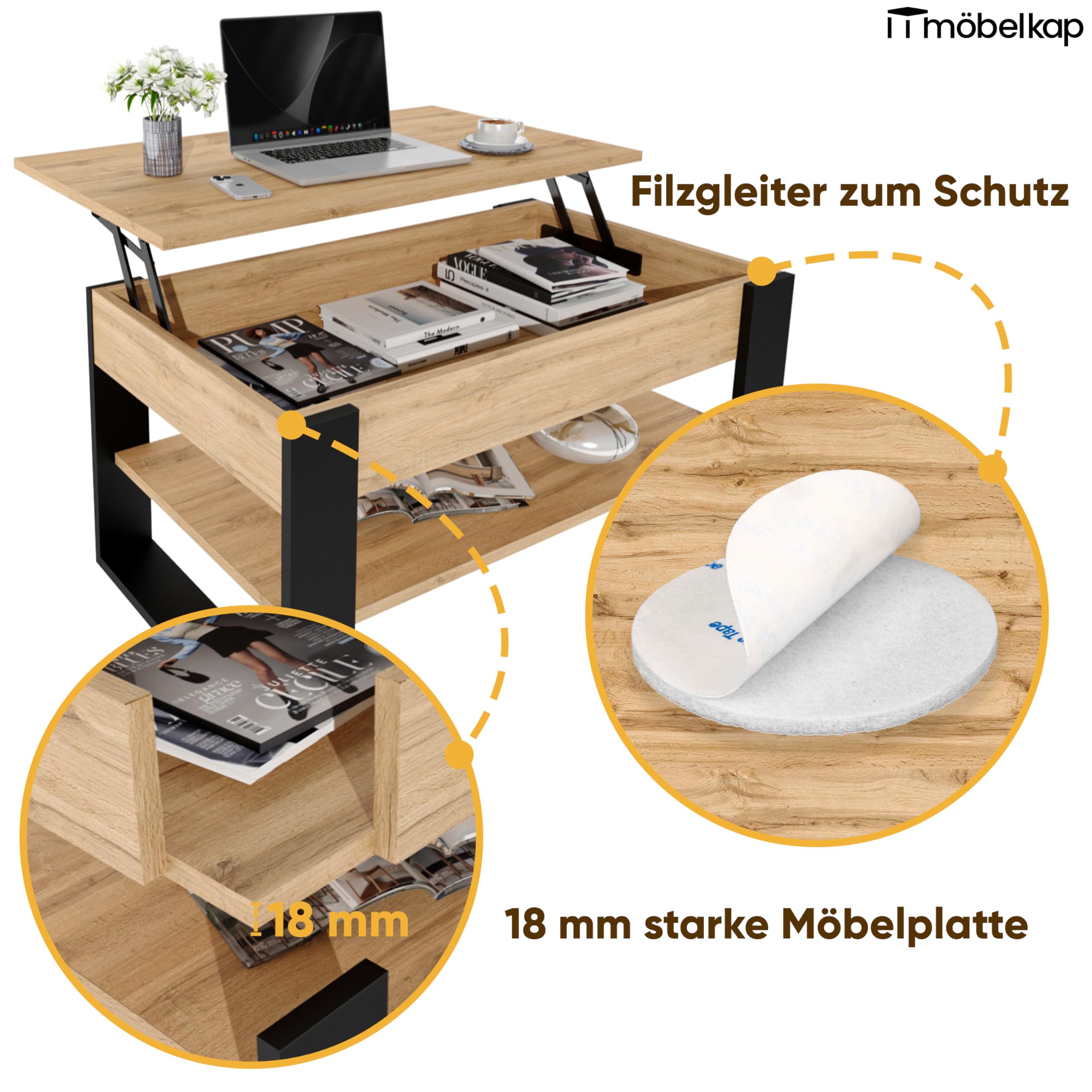 Couchtisch mit anhebbarer Platte | Höhenverstellbarer Wohnzimmertisch mit Stauraum | Sofatisch Eiche Wotan Schwarz modern mit Ablage & verstecktem Fach – Coffee Table für Wohnzimmer & Büro