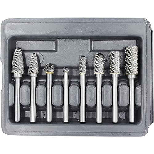 YUFUTOL Carbide Burr Set with 1/4''(6.35mm) Shank 8pcs Double Cut Solid Carbide Rotary Burr Set for Die Grinder Drill, Metal Wood Carving, Engraving,Polishing,Drilling