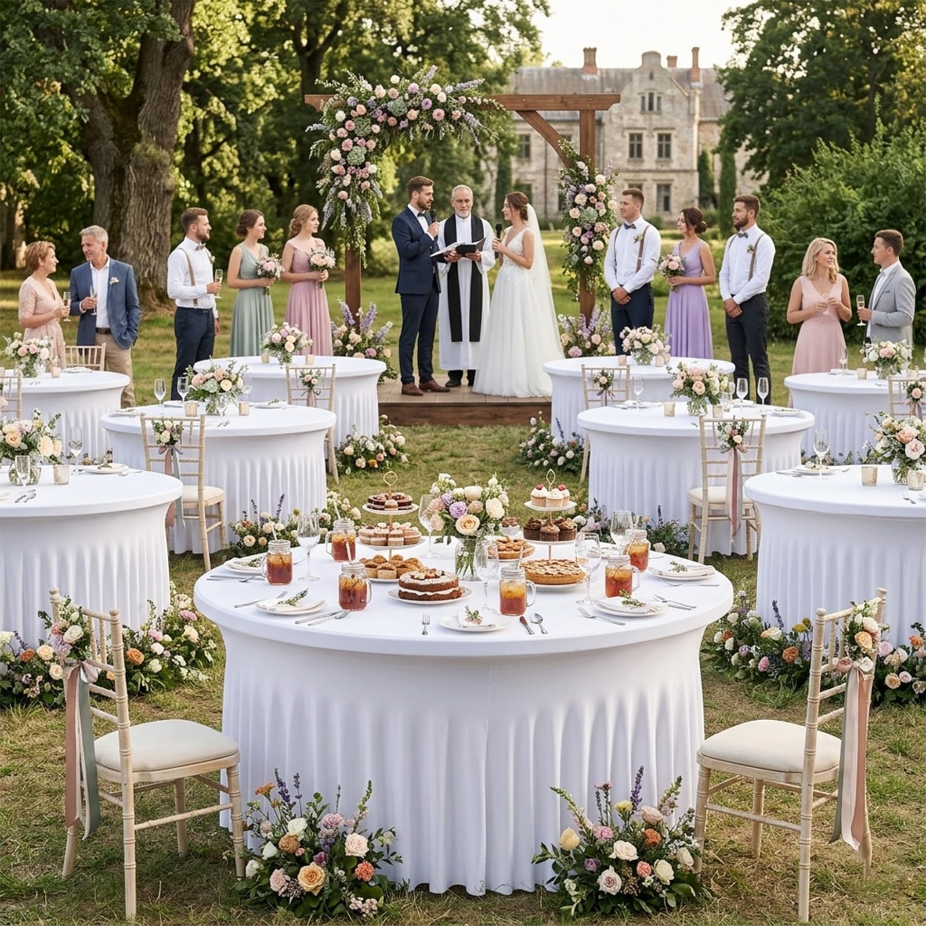 Photo 1 of Htper 6 Pack White Round Spandex Tablecloths for 60in Tables, Wrinkle Free Stretchy 120inch Fitted 5FT Round Table Cloths Cover with Skirt for Wedding Party Dining Banquet Events