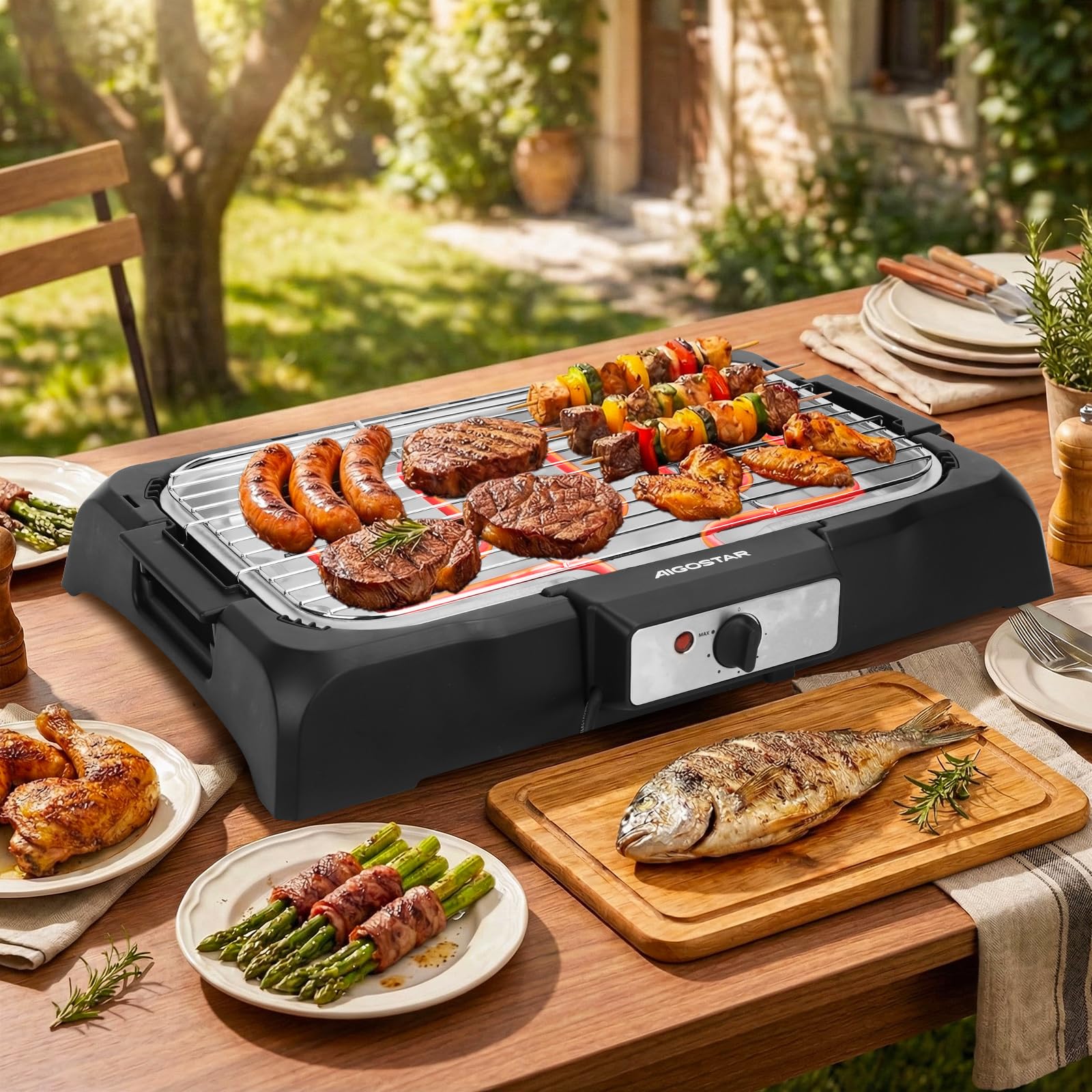 Aigostar Griglia Barbecue Elettrica da Tavolo, Griglia per Feste, Termostato Regolabile, Cottura Lenta e Rapida, Potenza 2000 W, Nero