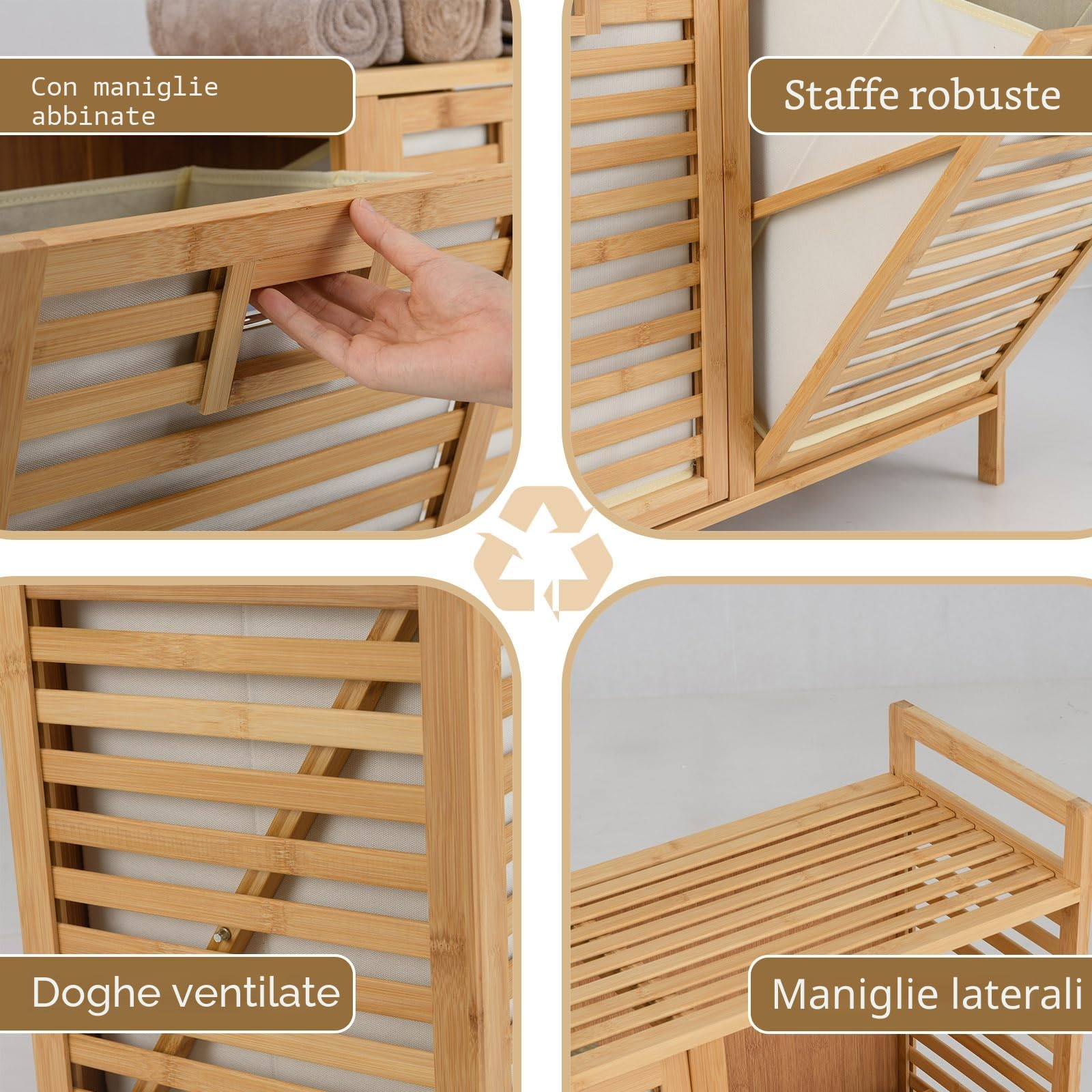 LIFEZEAL Mobile Portabiancheria da Bagno in Bambù (80x30x72cm, 2 Scomparto) | Cesto Biancheria Sporca 75L con Sacco Rimovibile, Piano Portaoggetti, per Lavanderia, Bagno, Salvaspazio