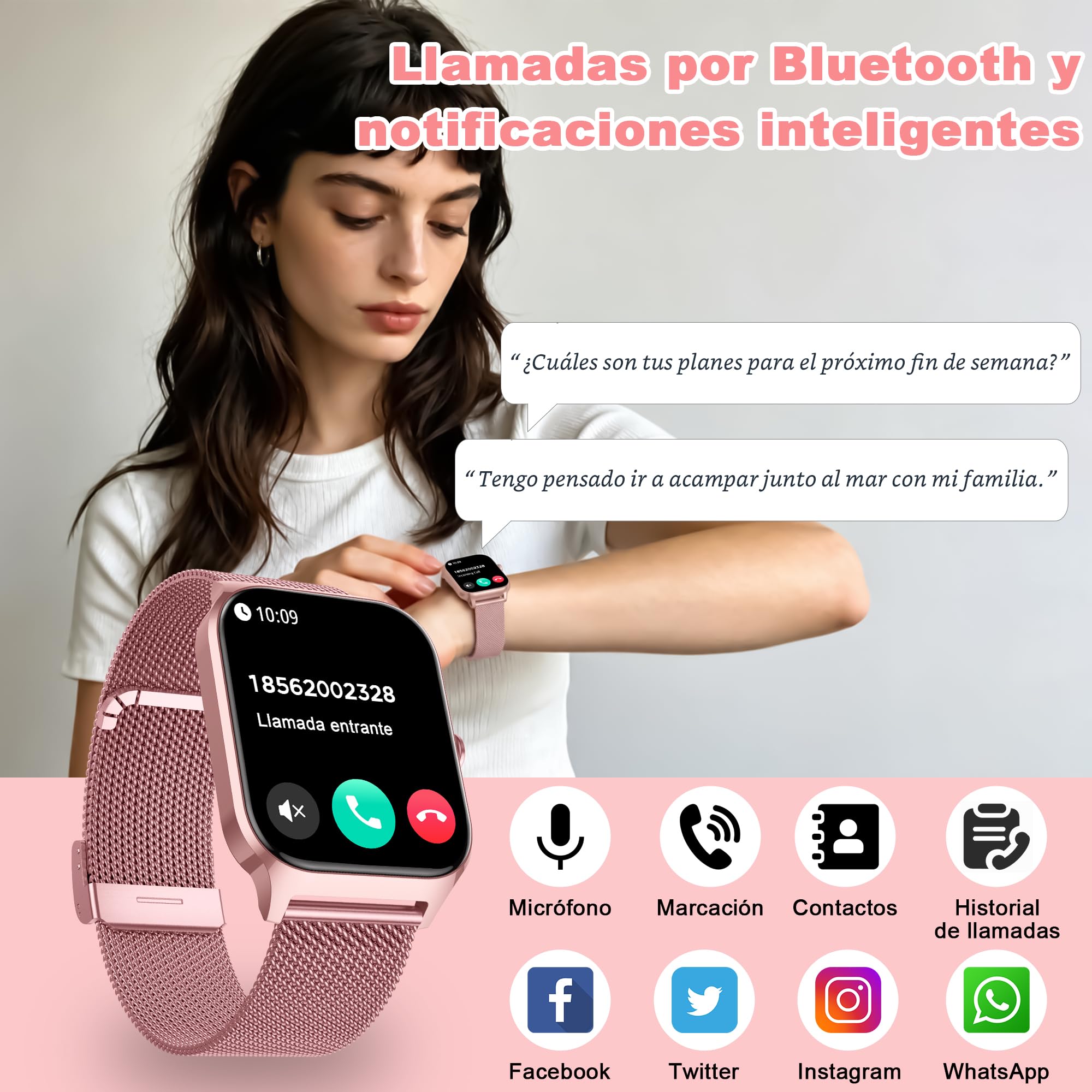 LODIMEKE Reloj Inteligente Mujer Hombre con Llamadas Bluetooth y Whatsapp, 1.85” Smartwatch Mujer con Presión Arterial, Frecuencia Cardíaca, Sueño, SpO2, 120+ Deportes, IP68 Regalo para Android iOS