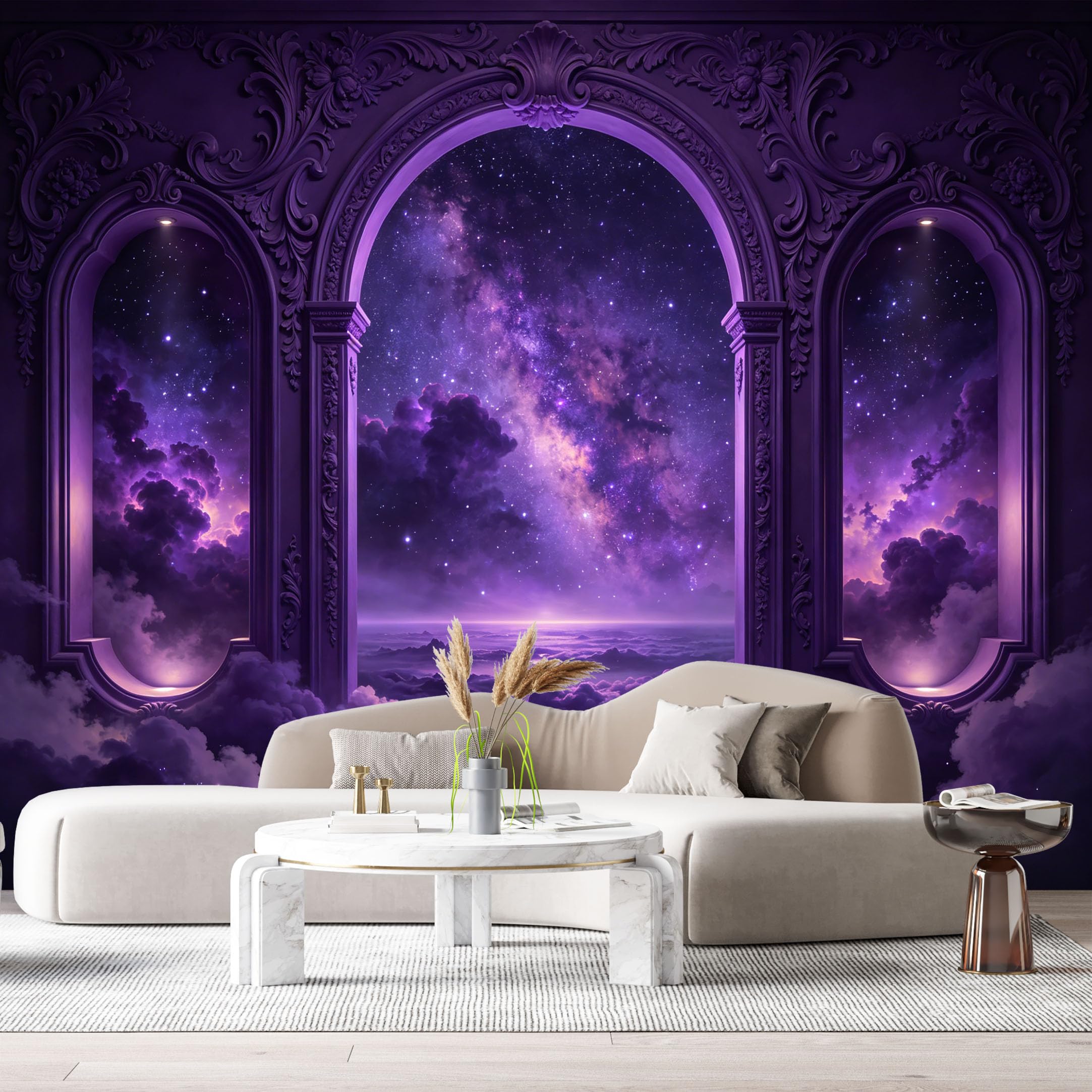 Custom Size Wall Murals Purple Galaxy Sky Starry Night Clouds 3D Trompe L'Oeil SelfAdhesiveWall Fabric Removable Wallpaper Wall Decor for Living Room Bedroom Bathroom