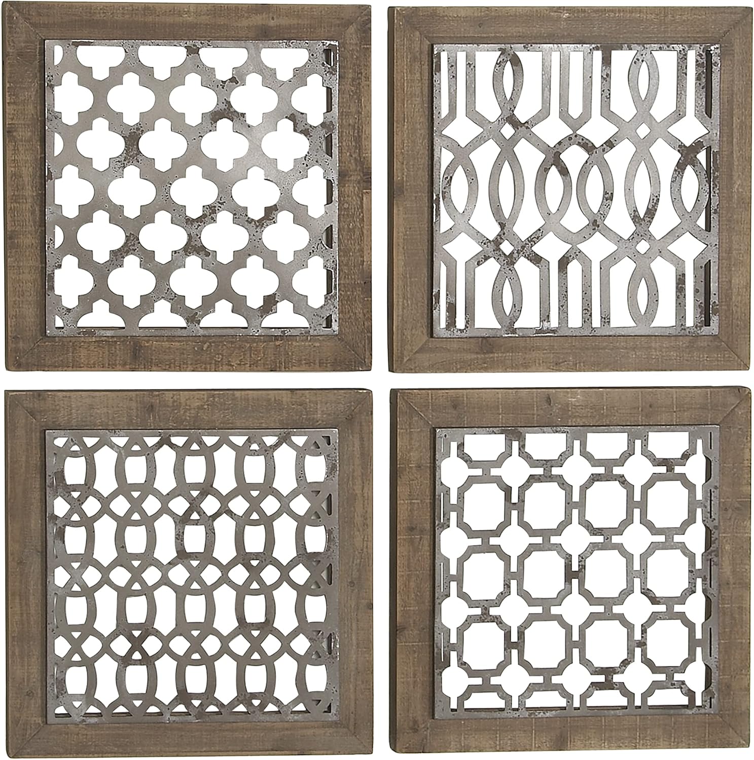 Rustic Farmhouse Iron & Wood Geometric Wall Decor Set, 19" Square