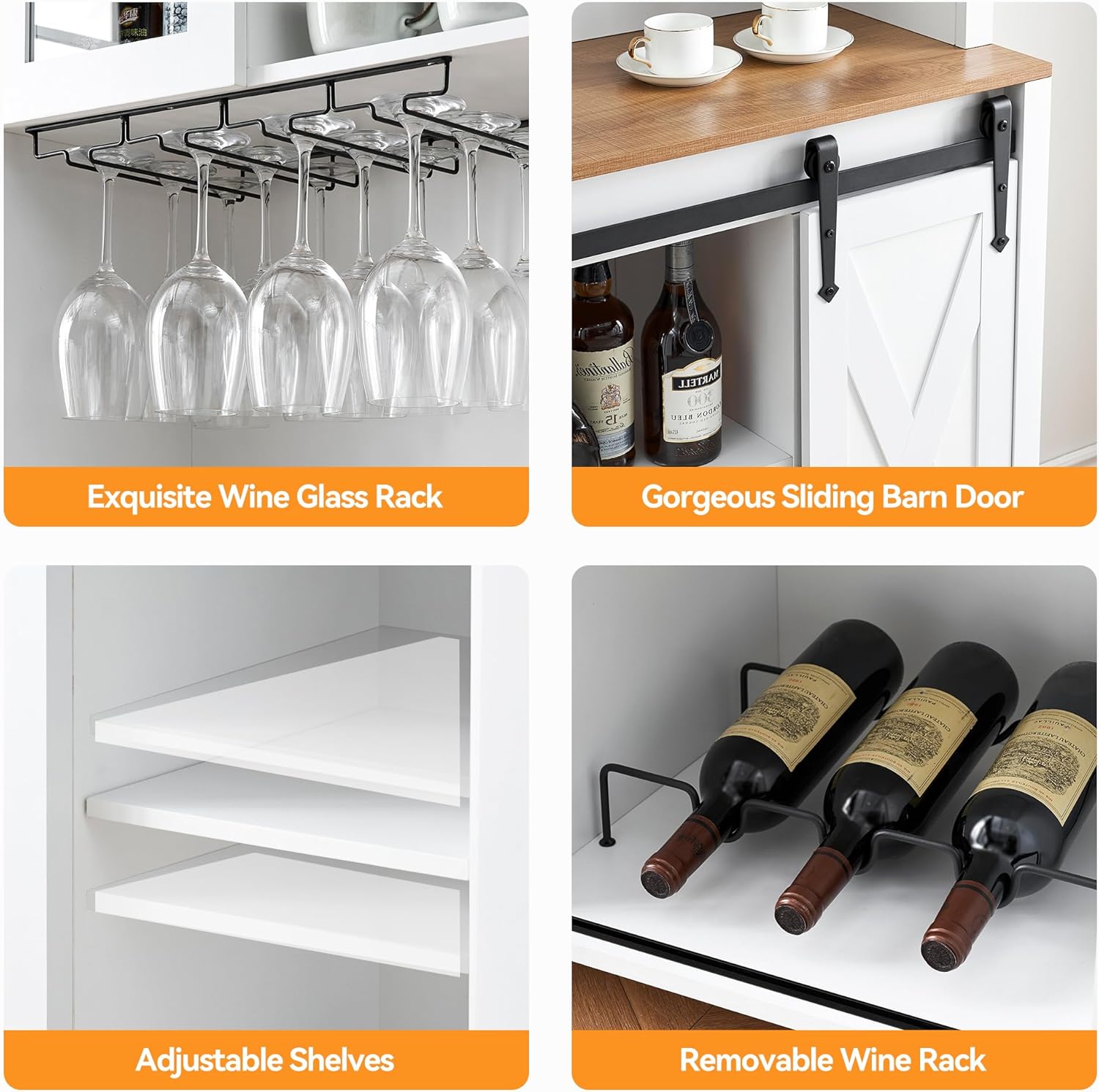 Close-up views of the wine glass rack, sliding barn door, adjustable shelves, and removable wine rack