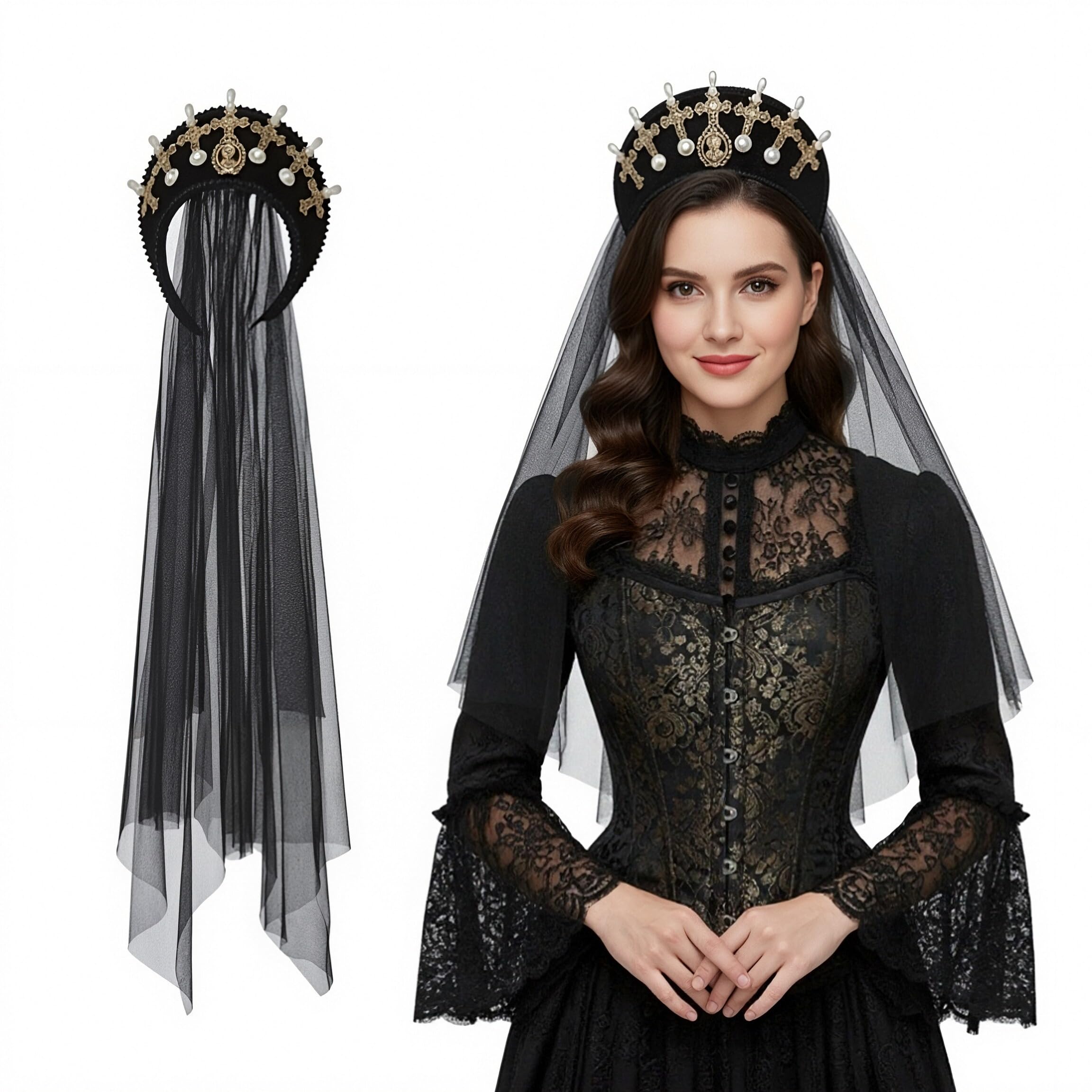 ANDHOM Anne Boleyn Hat Tudor Gable Hood Cap - Elizabethan Renaissance Headdress for Cosplay Party Halloween Carnival Knight Festival Costume Accessory