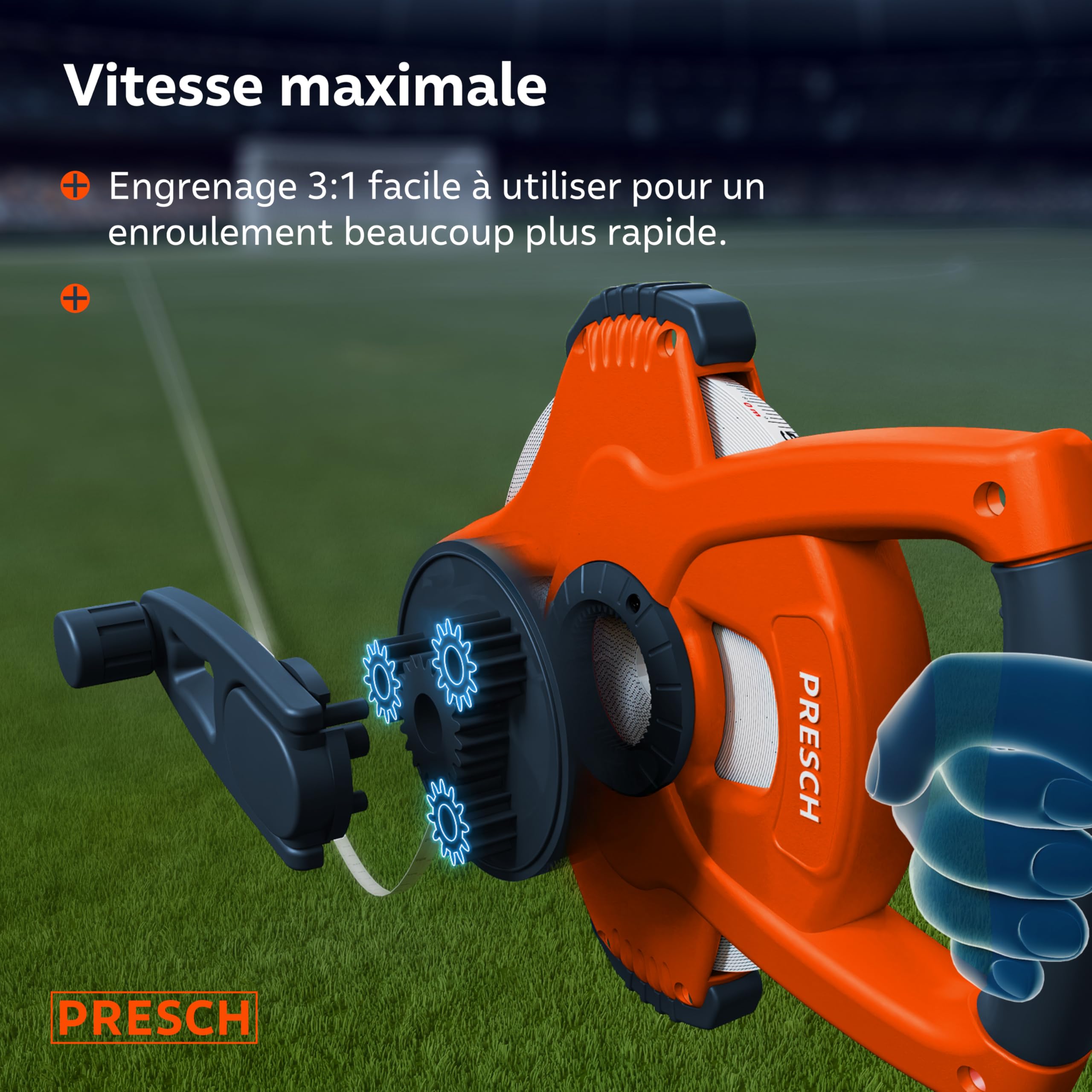 Presch Mètre Ruban 50m – Décamètre en Fibre de Verre résistant – Retour Rapide 3:1 – Verrouillage par Manivelle – Maintien sûr avec crochet multifonctions - Mètre enrouleur, Ruban d'Arpenteur