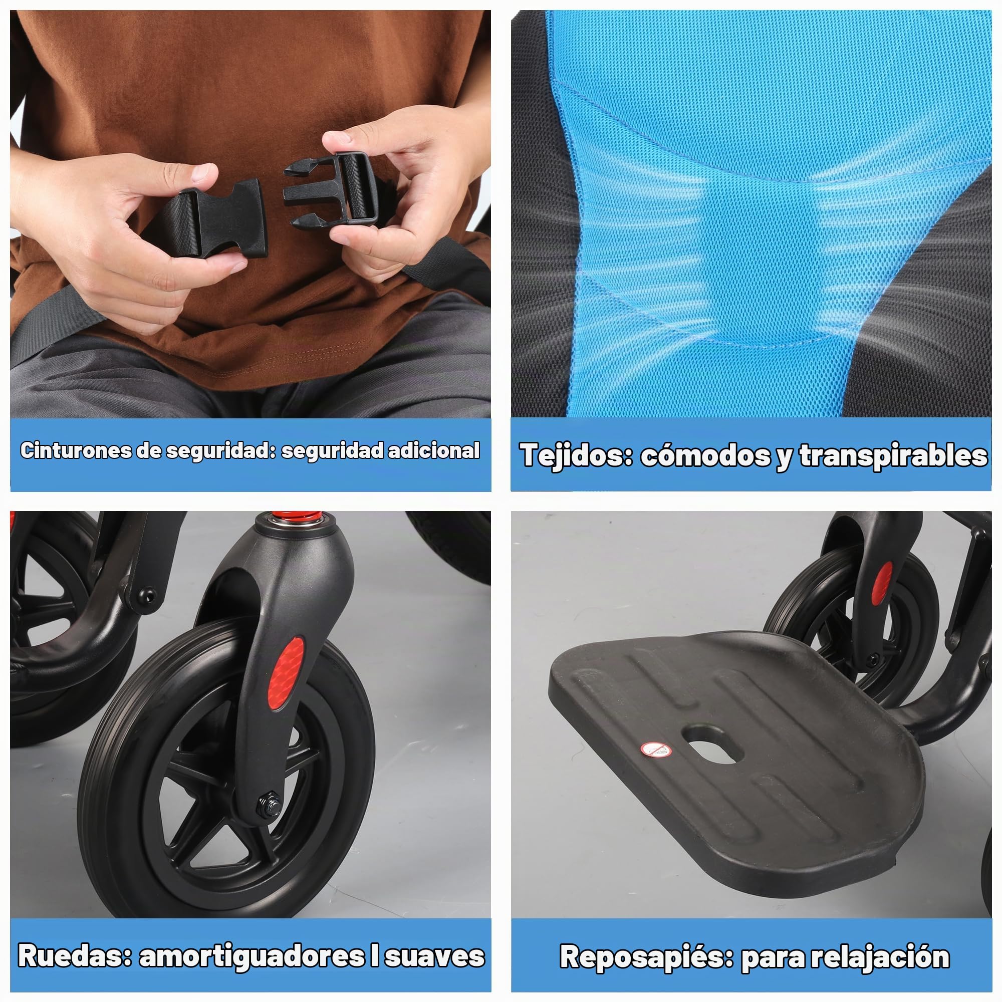 Silla De Transporte Plegable Ligera WHLICKS Para Adultos Y Ancianos, Silla De Viaje Portátil Con Cojín Extraíble Y Ruedas De 12 Pulgadas, Silla De Ruedas Ergonómica Con Altura Ajustable