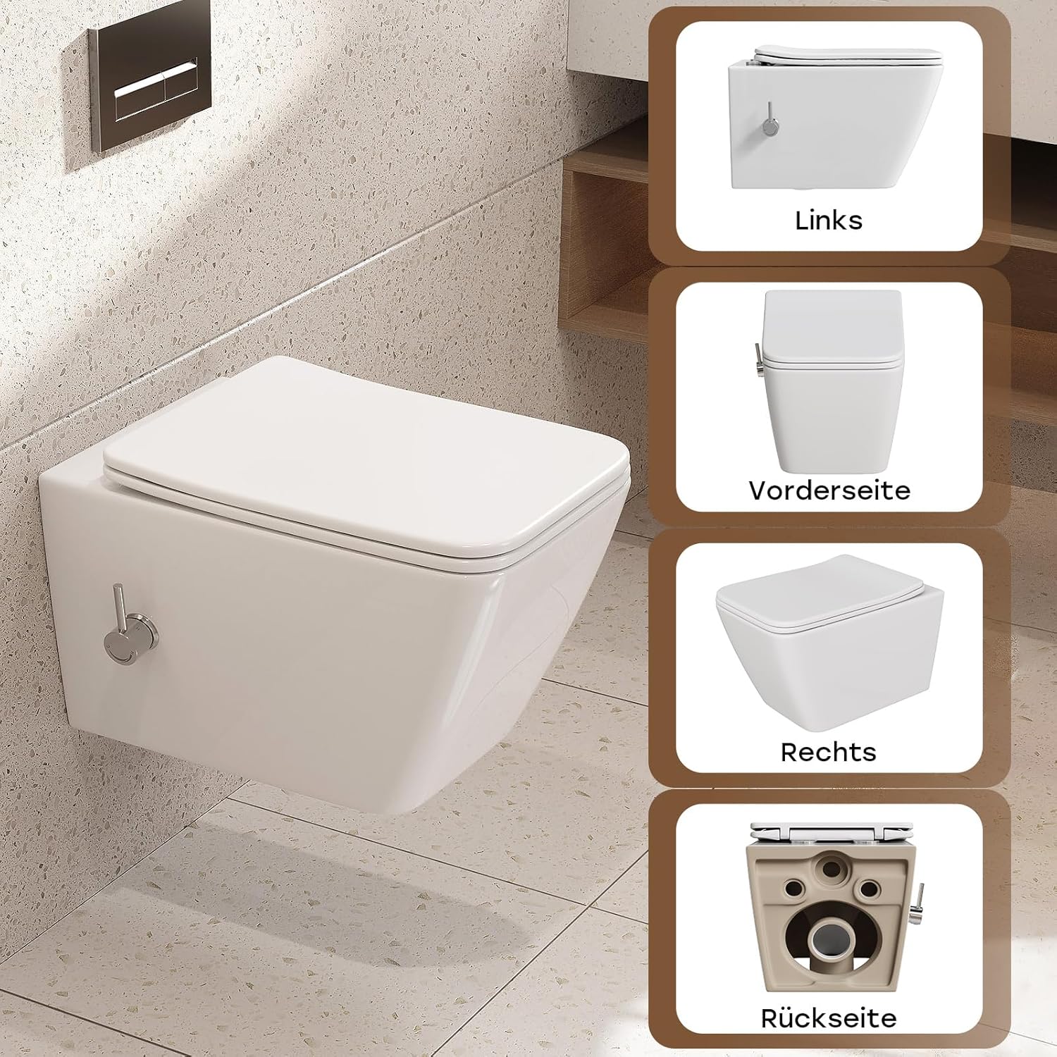 Множество views of the HOROW wall-mounted bidet toilet, showing the left side, front, right side, and rear connections.