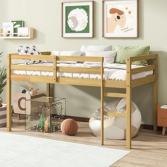Twin Size Low Loft Bed,Kids Loft Bed with Ladder,Solid Wood Low Loft Bed Twin Size for Girls Boys,Natural