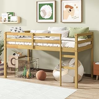Loft Bed/Twin Size with Under The Bed Storage and Ladder for Kids/Boy/Girl Bedroom,Wooden Bedframe with Slats Support & Easy to Assemble,No Box Spring Needed,Natural