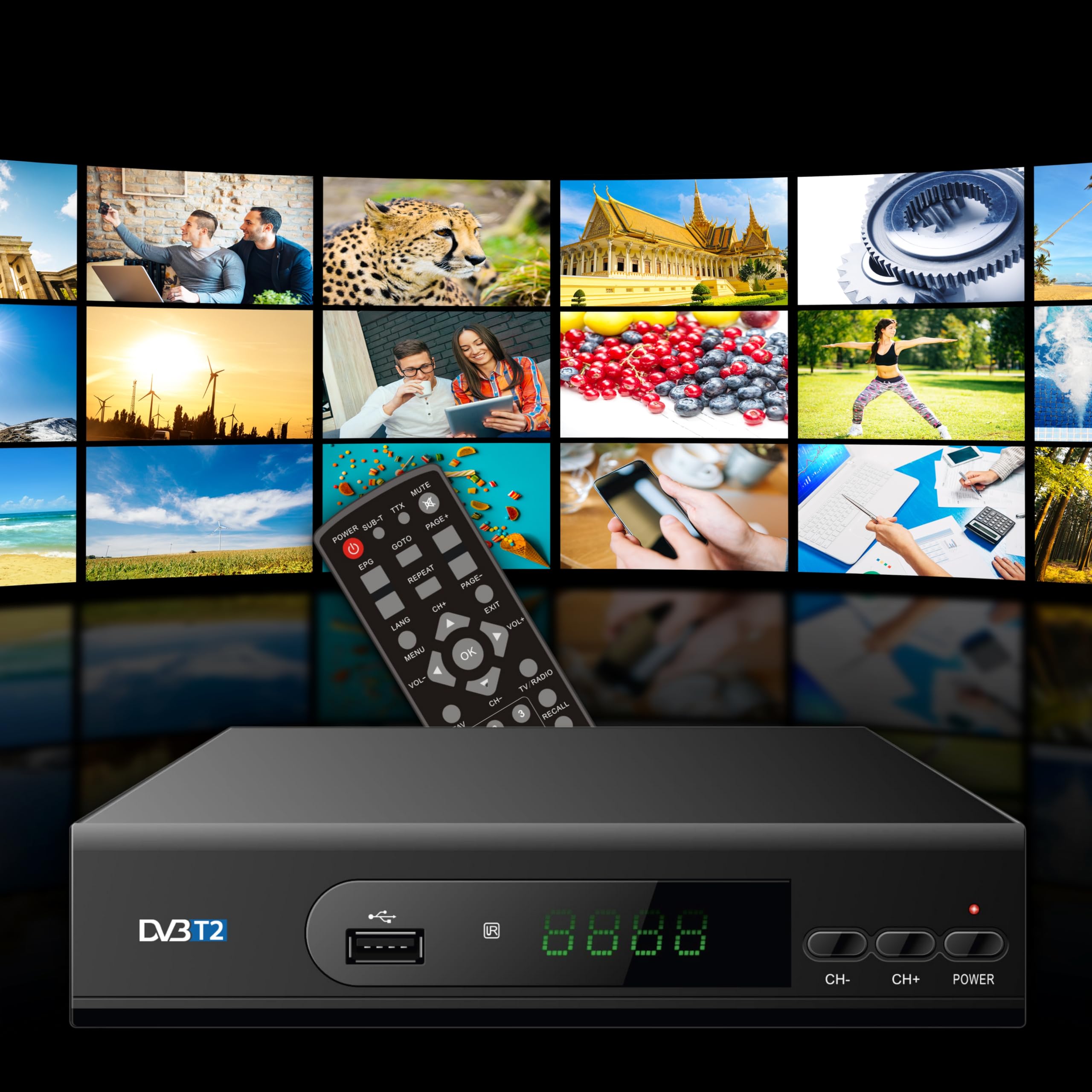 APM Décodeur TNT FULL HD, DVB-T2, Adaptateur TNT, Boîtier TNT, Standard DVB-T DVB-T2, Demodulateur Plusieurs Formats Multimédia, Sortie USB 2.0, HDMI, Résolutions : 576p 720p 1080p Full HD, 428000