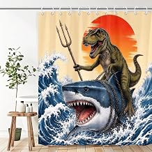 Boziqr Funny Dinosaur Shower Curtain, Cool Dinosaur Shark Ocean Wave Decor Fabric Bathroom Curtains, Fun Animals Fabric Bath Curtain with 12 Hooks 70 X 70 Inch