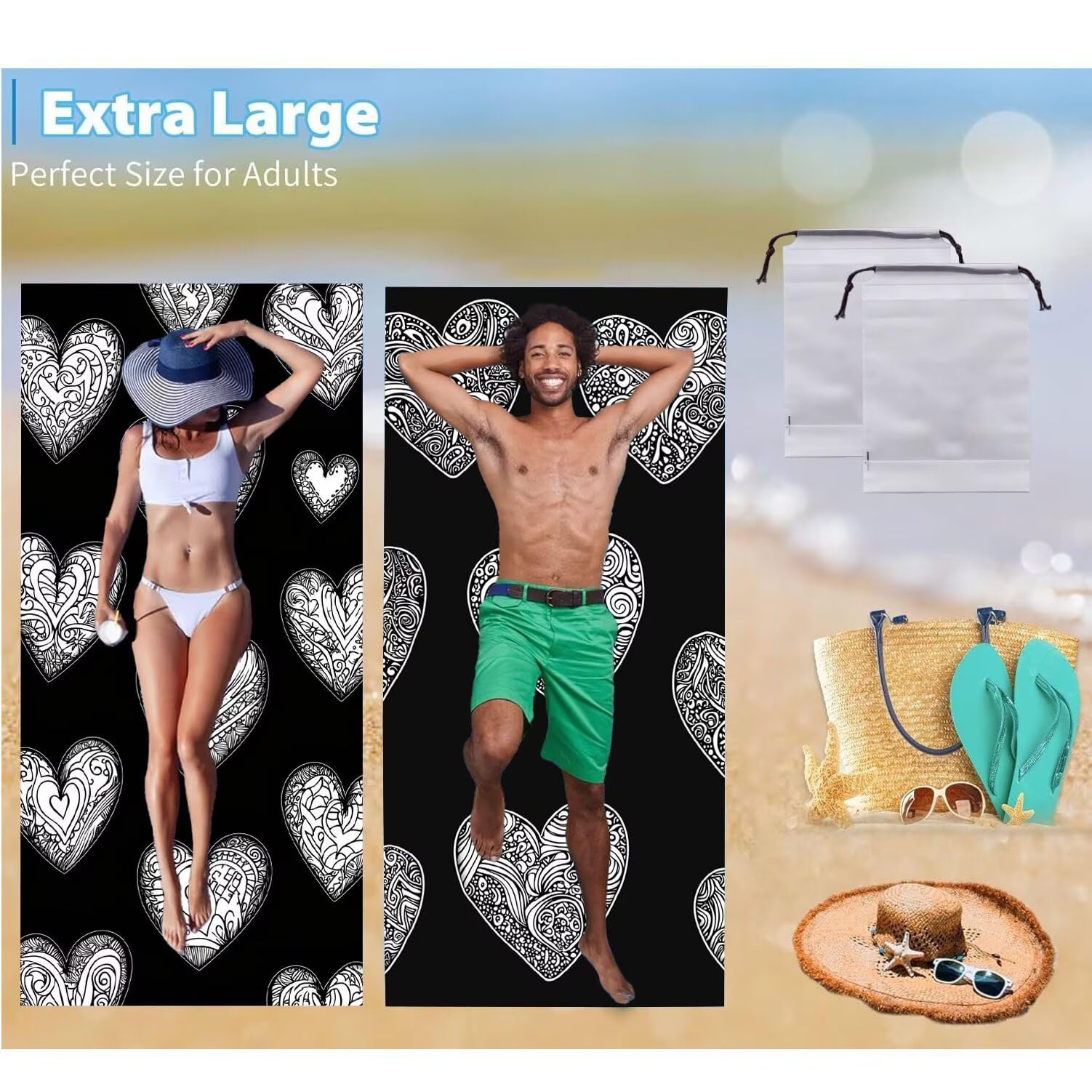 Ręcznik plażowy 90 x 200 cm, zestaw 2 dużych ręczników z mikrofibry szybkoschnący, chłonny, kompaktowy, ręcznik kąpielowy bez piasku lato koc plażowy damski do kąpieli prezent (prostota miłość) H-543