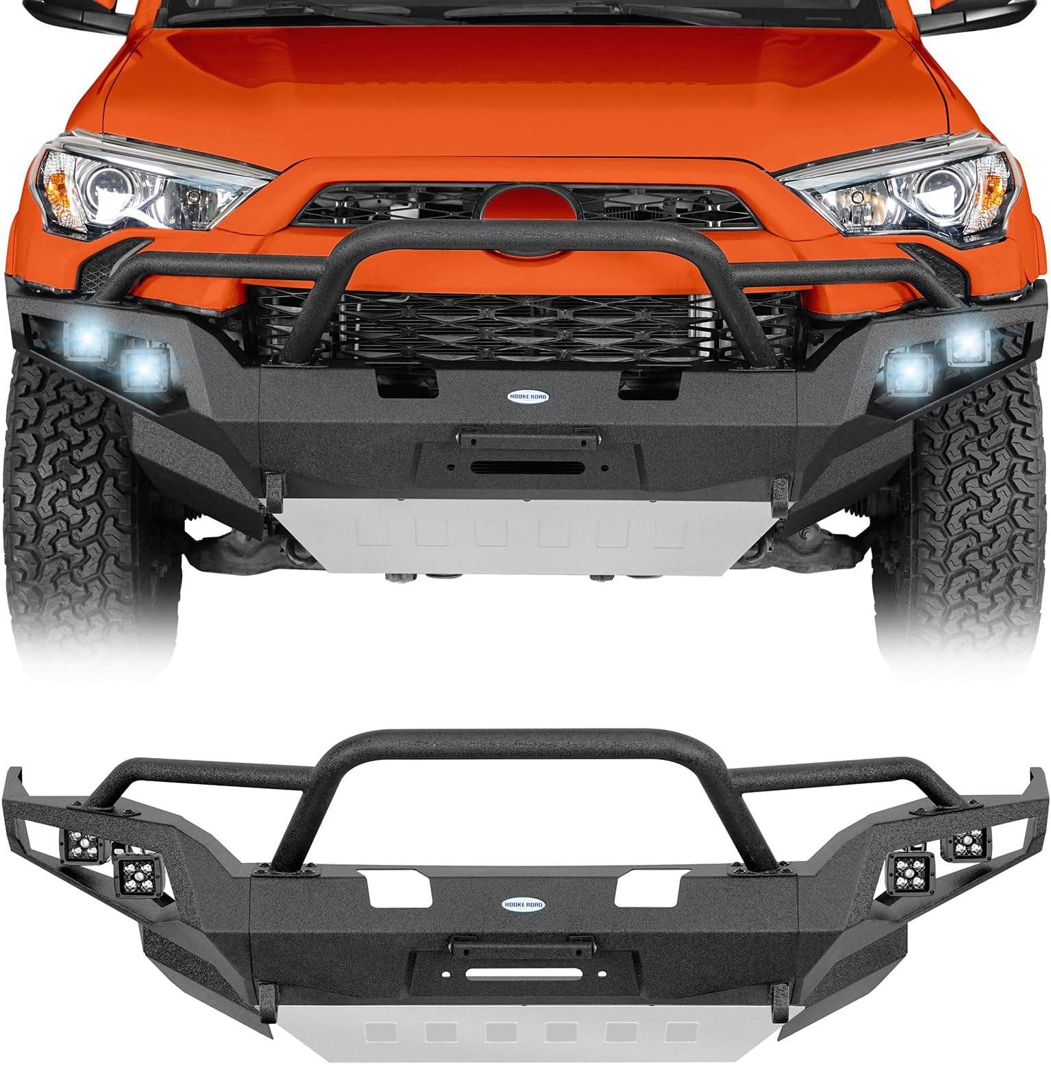 Hooke Road 4Runner Front Bumper for 2014-2024 Toyota 4Runner 5th Gen, Full Width Offroad Bumper Bull Bar with LED Lights, Skid Plate, Winch Plate & D-ring Mounts