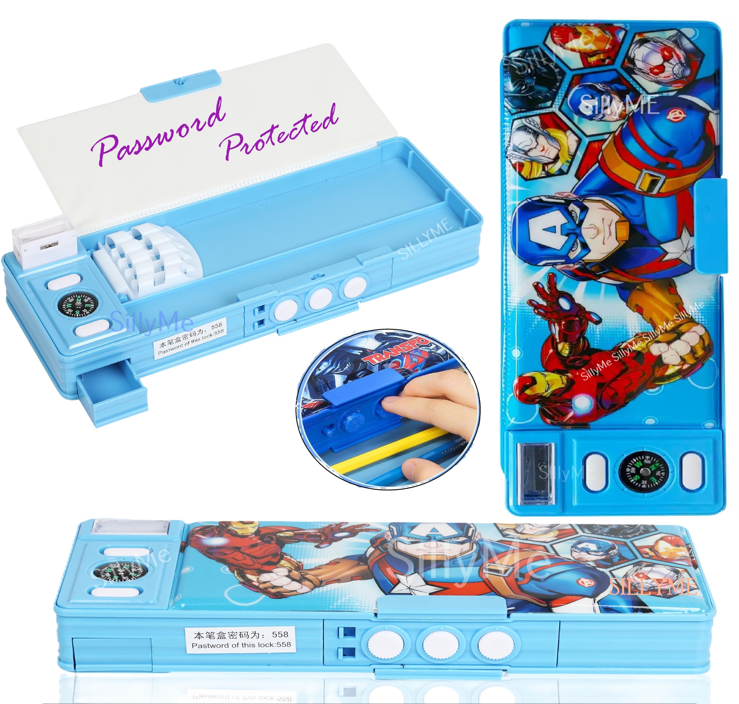 SILLYME Password Pencil Box with Lock, Geometry Box with Compass & Pop Up Sharpener - School Box for Boys - Double Sided (Super Hero) (B0DFZ7TQM2) Amazon Price History, Amazon Price Tracker