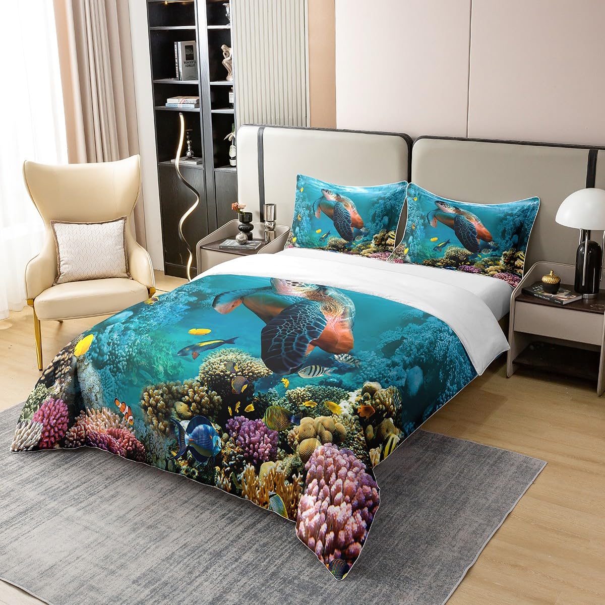 Loussiesd Sea Turtle 100% Cotton Duvet Cover King Size Ocean Bedding Cotton Duvet Cover Set Reptile Tortoise Bedding Set Coastal Comforter Cover Set Nautical Beach Blue Bedspread Cover - Image 2