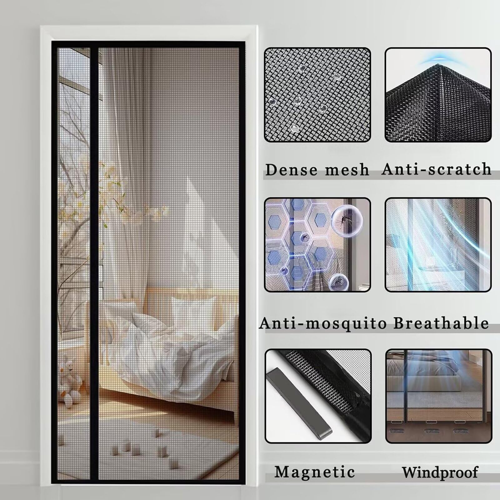 Magnetyczna moskitiera na drzwi, 50 x 150 cm, czarna siatka, automatyczne zamykanie bariery przeciw owadom na balkon i patio, skuteczna ochrona przed komarami, trwała, cienka siatka dla łatwej